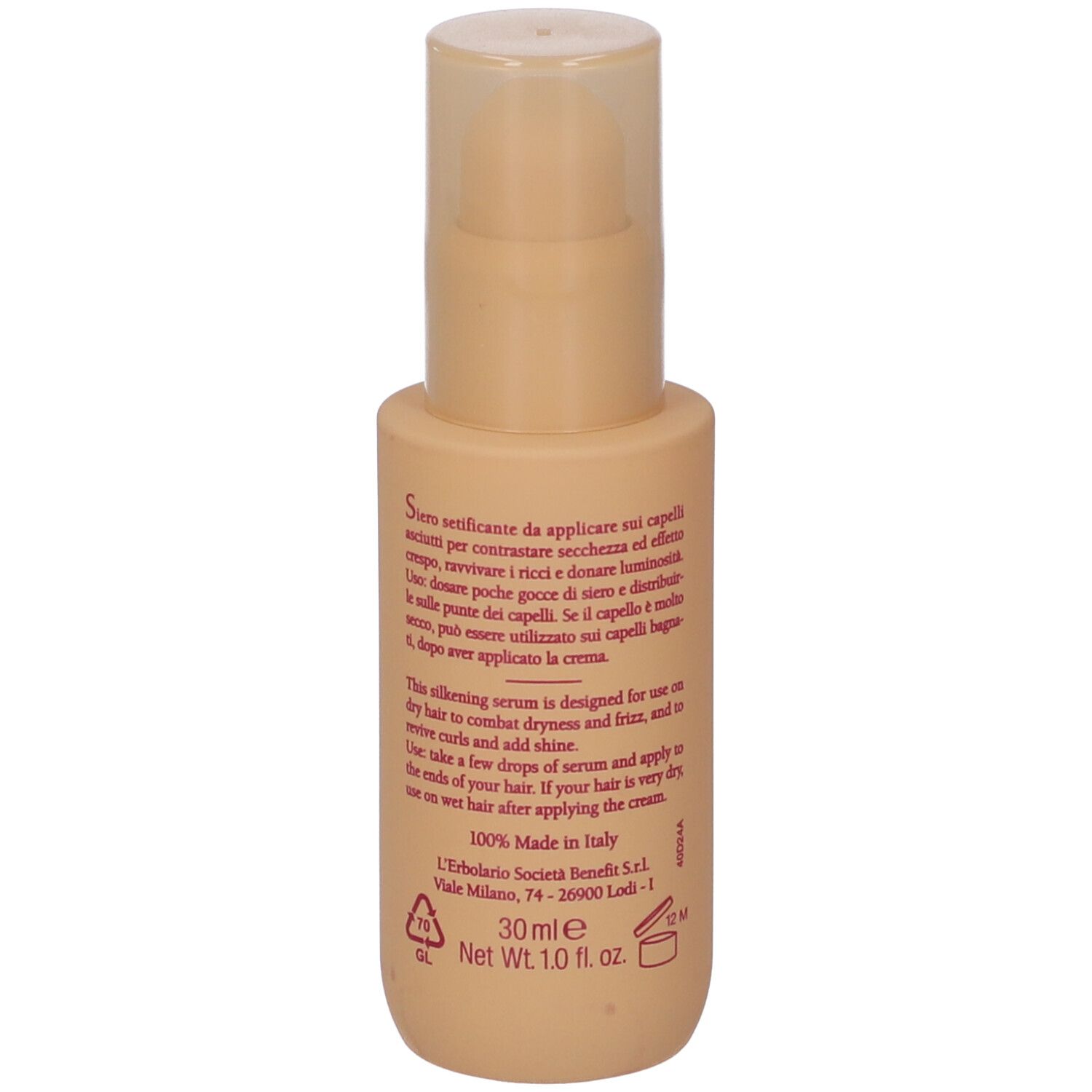 Flacone beige con dosatore. Testo in italiano e inglese. Nome prodotto: Mossi & Ricci. 30 ml.