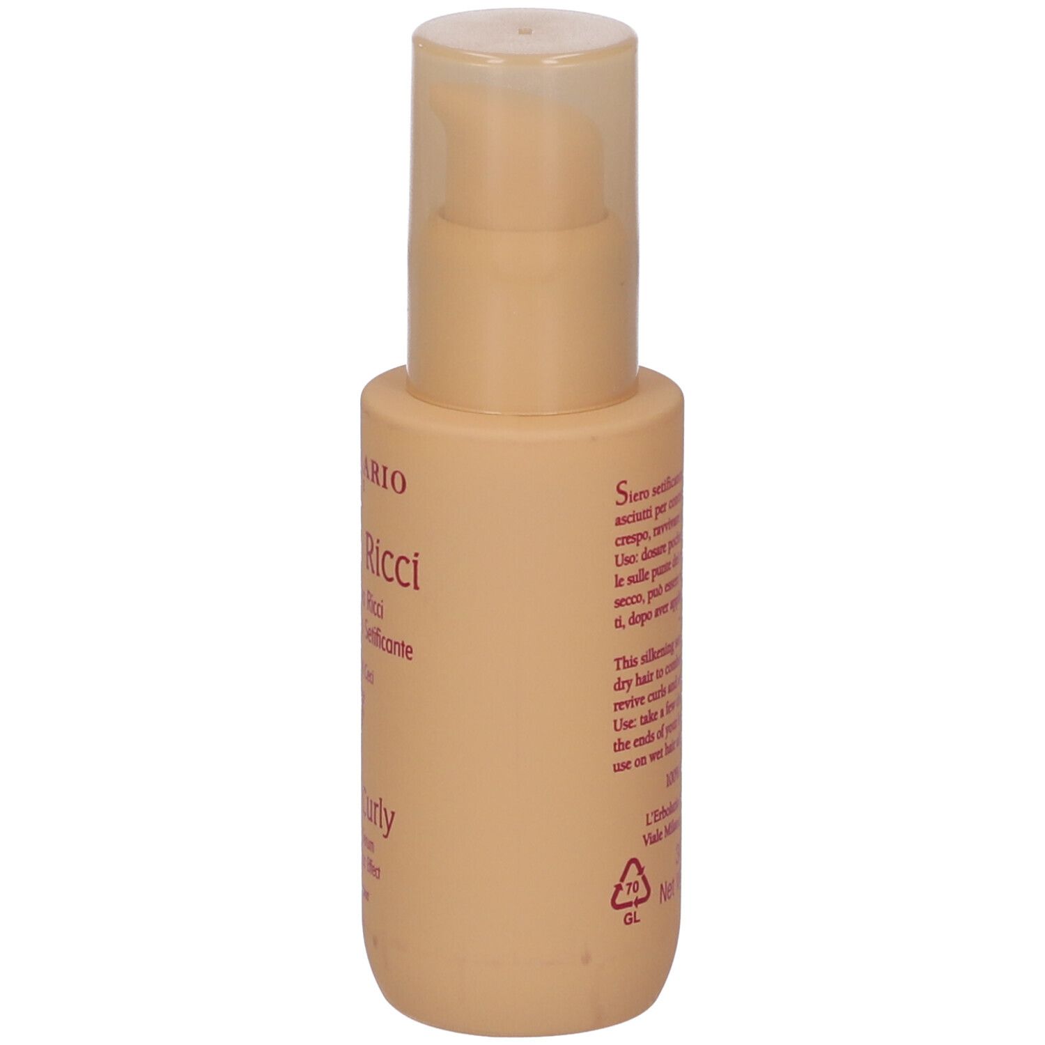 Flacone beige con dosatore, vista laterale. Testo in italiano. Nome prodotto: Mossi & Ricci.