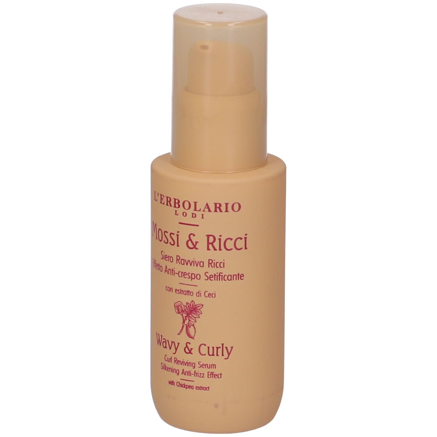 Flacone beige con dosatore. Scritte: L'Erbolario, Mossi & Ricci, Wavy & Curly. Nome e descrizione del prodotto.