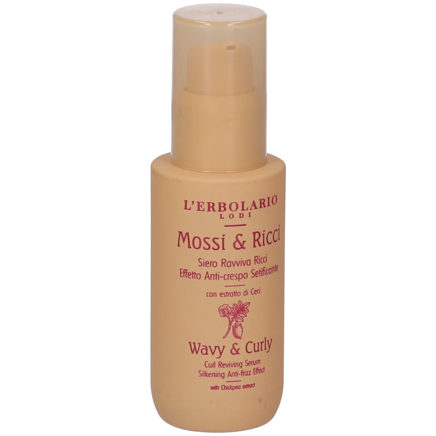 Flacone beige con dosatore. Scritte: L'Erbolario, Mossi & Ricci, Wavy & Curly. Nome e descrizione del prodotto.