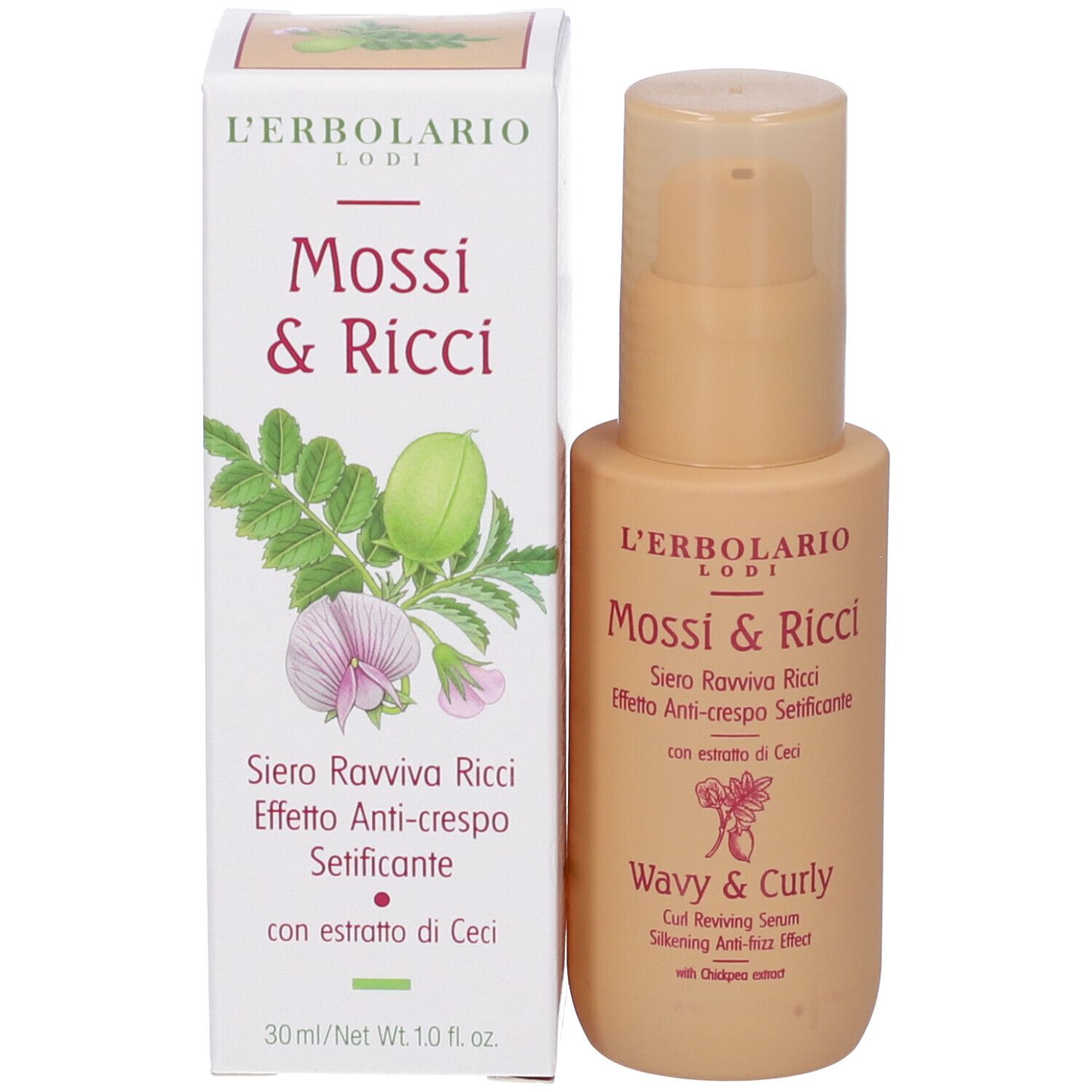 Flacone e confezione del prodotto. Scritte: L'Erbolario, Mossi & Ricci. Nome e descrizione del prodotto. 30 ml.