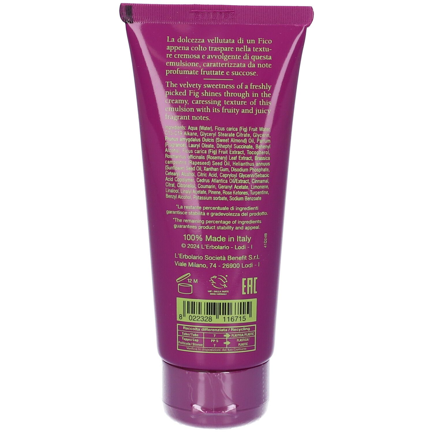 Retro del tubo viola. Testo in italiano e inglese. Elenco ingredienti e origine.