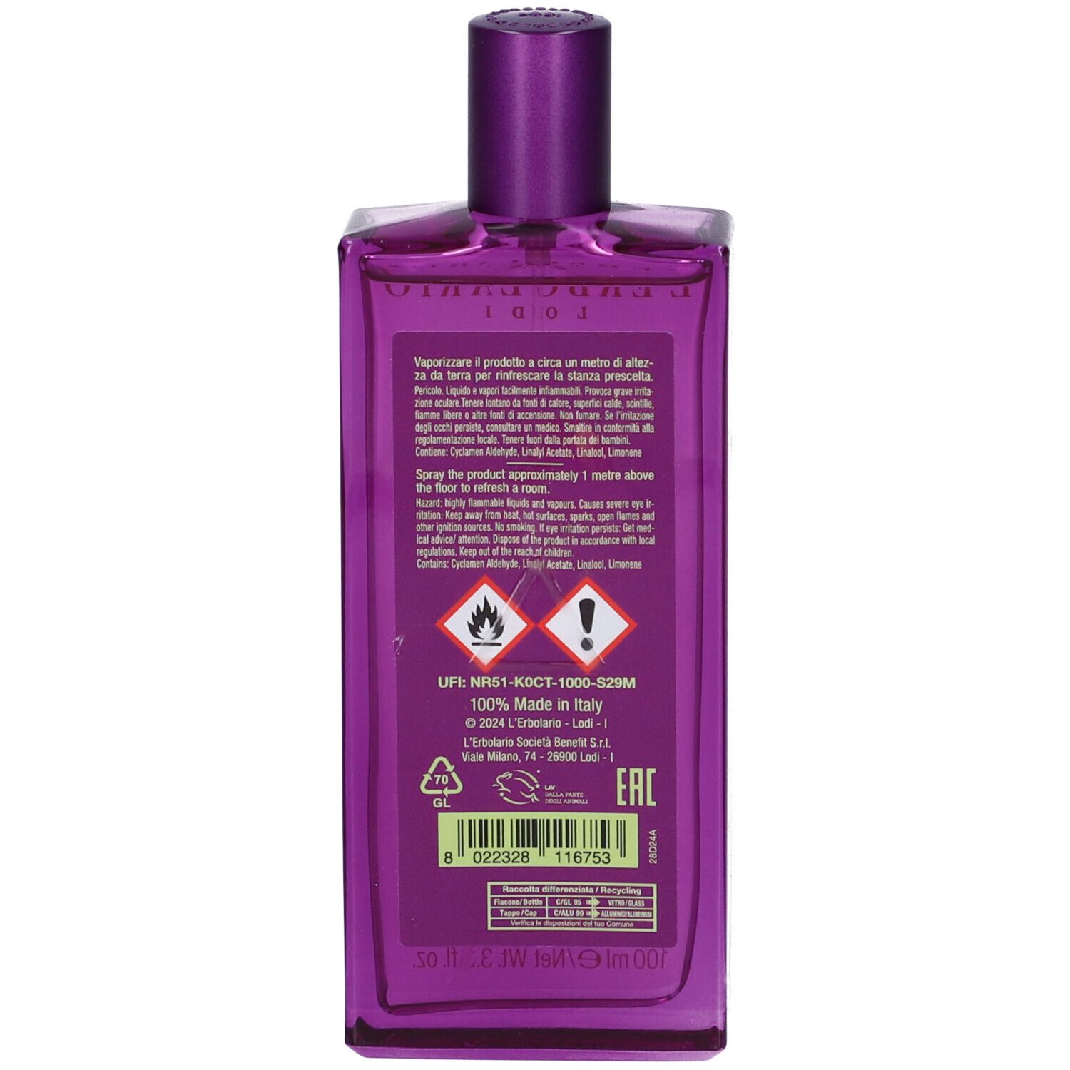 Retro del flacone viola. Testo: istruzioni per l'uso, avvertenze, informazioni sul produttore, codice a barre e certificazioni.