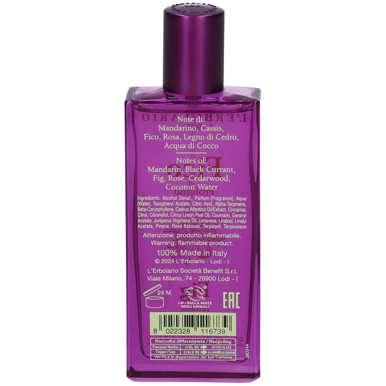 Retro del flacone di profumo L´Erbolario Fico. Testo con ingredienti e informazioni. Con codice a barre.