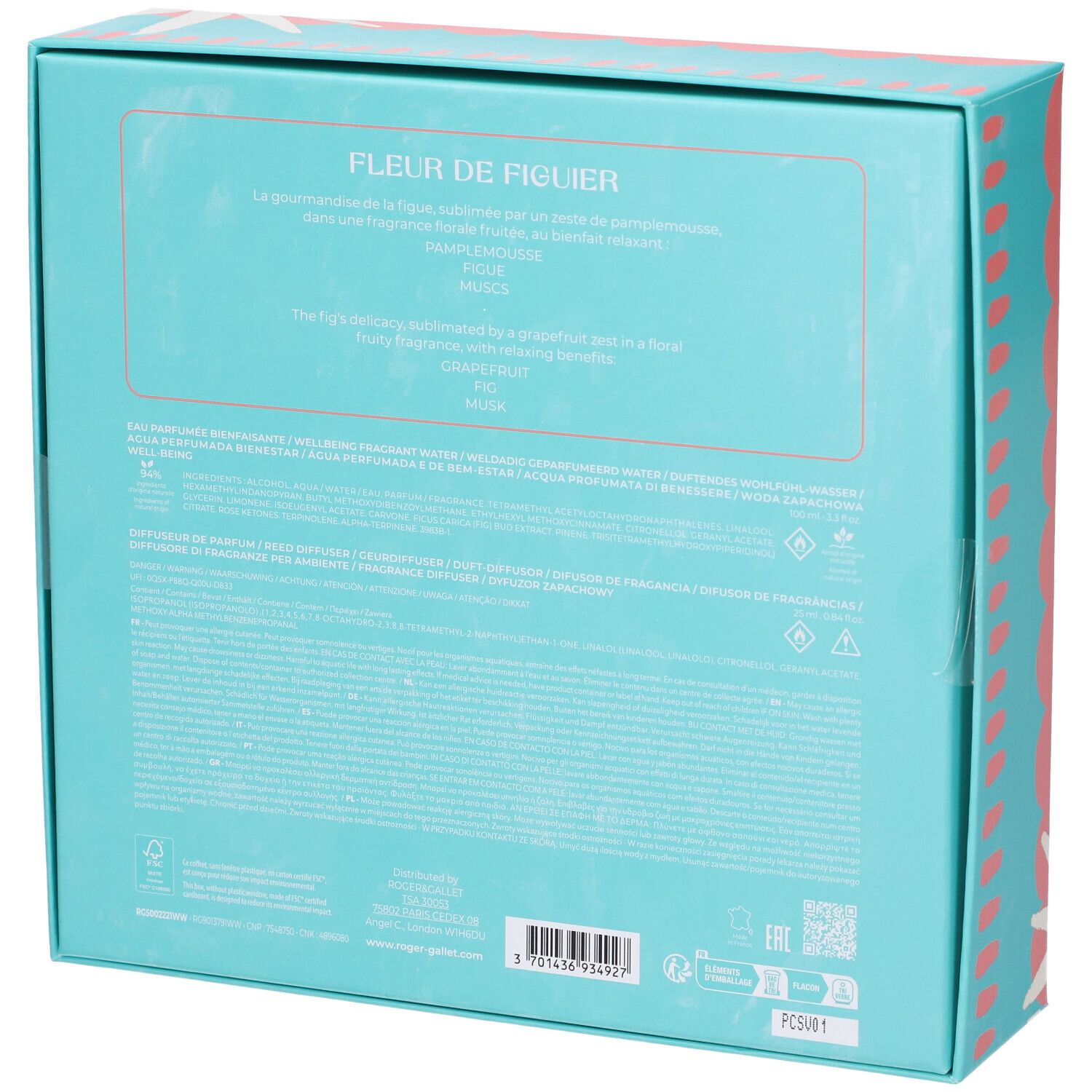 Retro della confezione regalo. Turchese con testo. Testo: FLEUR DE FIGUIER, ingredienti, avvertenze, codice a barre e loghi.