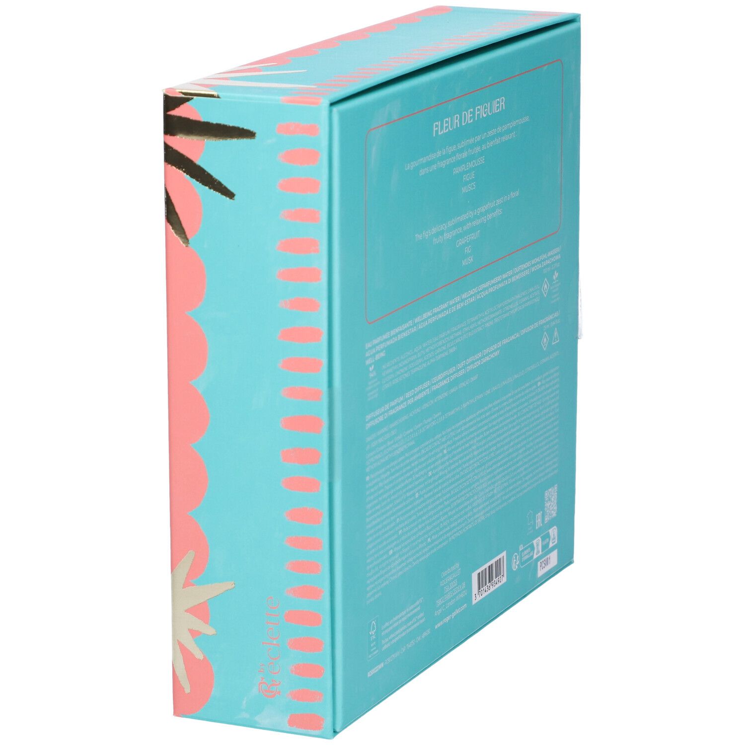 Confezione regalo, vista laterale obliqua. Schema colori turchese e rosa. Testo: FLEUR DE FIGUIER. Codice a barre e loghi.