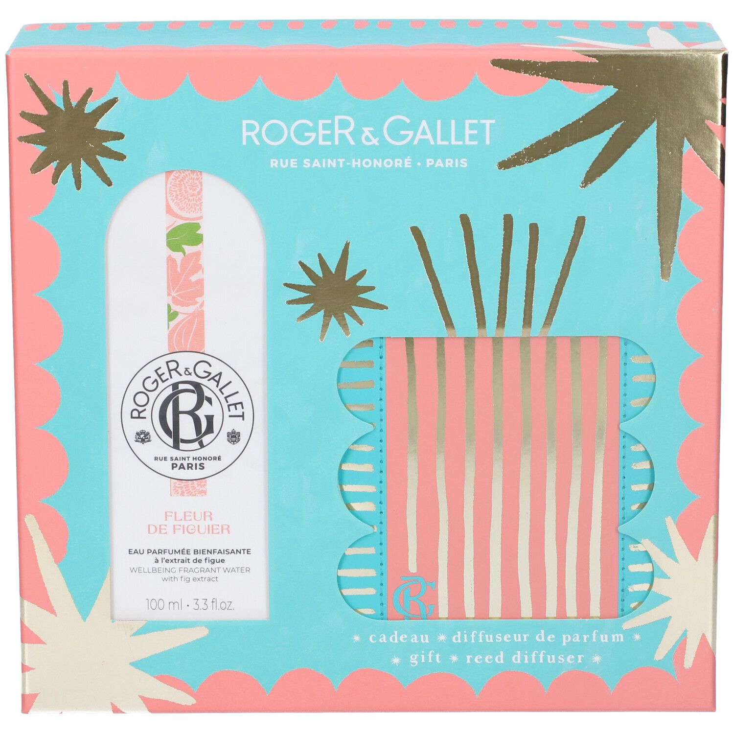 Confezione regalo con flacone e diffusore. Confezione turchese e rosa con stelle. Flacone con motivo floreale. Testo: ROGER & GALLET, FLEUR DE FIGUIER.