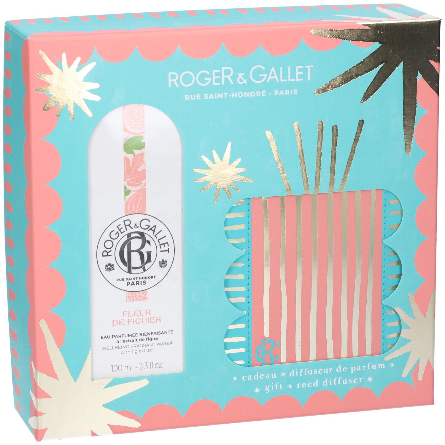 Confezione regalo con flacone e diffusore. Confezione turchese e rosa con stelle. Flacone con motivo floreale. Testo: ROGER & GALLET, FLEUR DE FIGUIER.