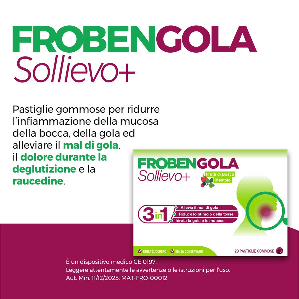Testo sulle pastiglie FROBENGOLA SOLLIEVO+. Piccola immagine della confezione. Dispositivo medico CE 0197. MAT-FRO-00012.