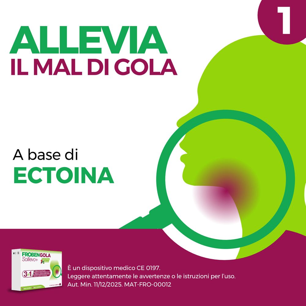 Testo: Allevia il mal di gola. Illustrazione di una gola. Piccola immagine della confezione. Dispositivo medico CE 0197.