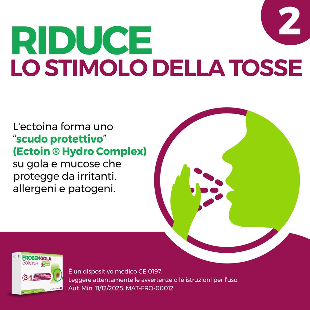 Testo: Riduce lo stimolo della tosse. Illustrazione di una persona che tossisce. Piccola immagine della confezione. CE 0197.