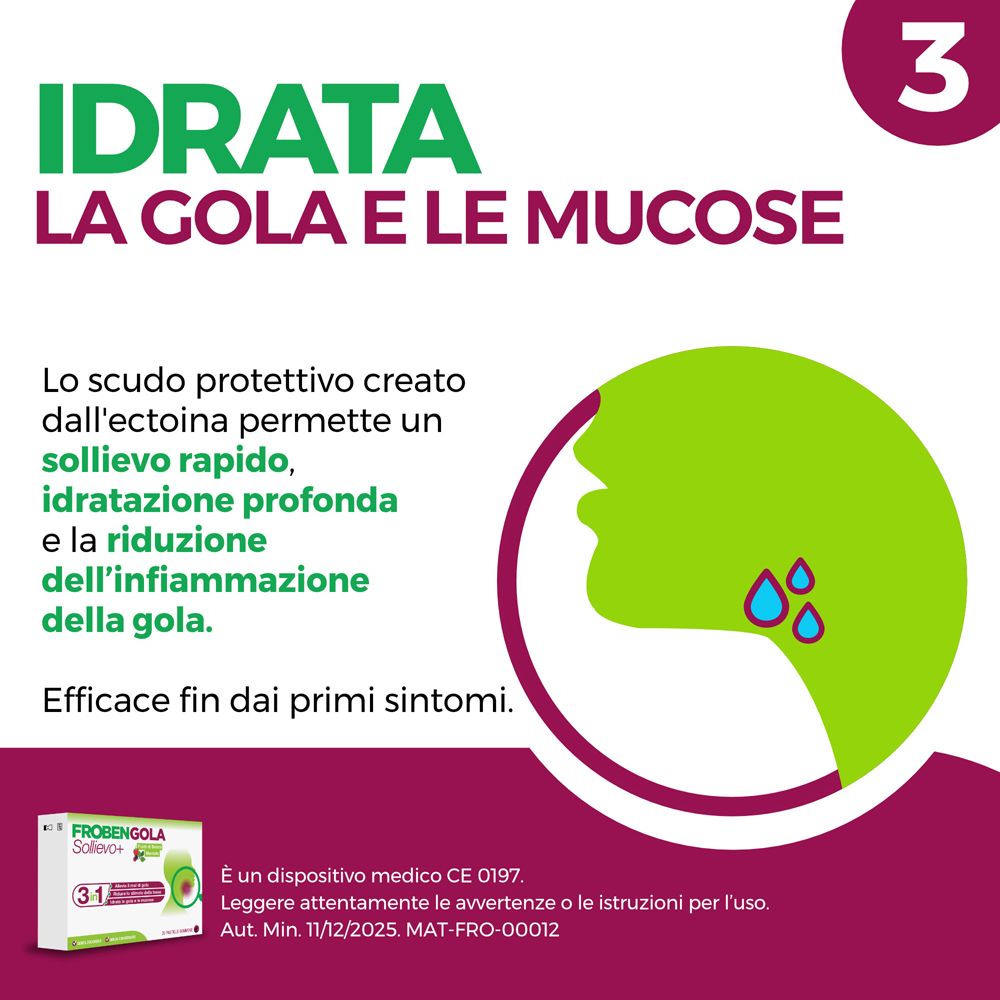 Testo: Idrata la gola e le mucose. Illustrazione di gocce. Piccola immagine della confezione. Dispositivo medico CE 0197.