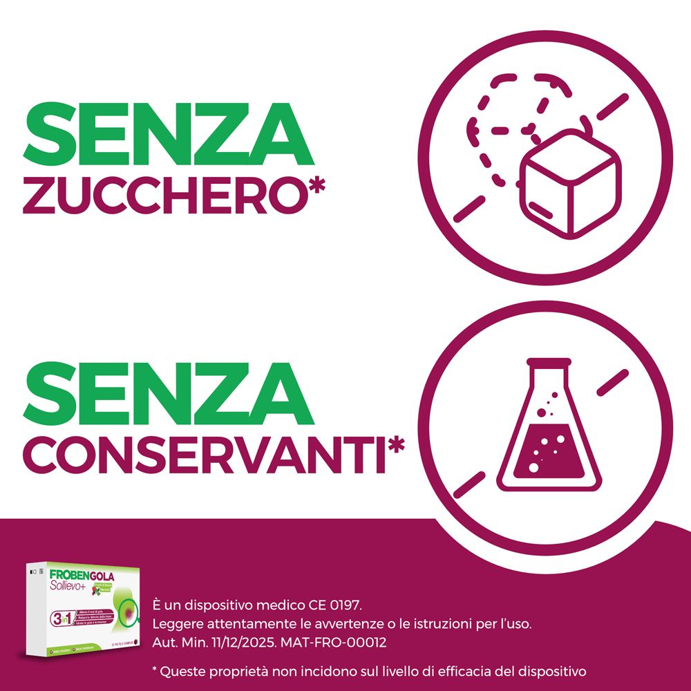 Testo: Senza zucchero. Senza conservanti. Illustrazioni di simboli. Piccola immagine della confezione. CE 0197.