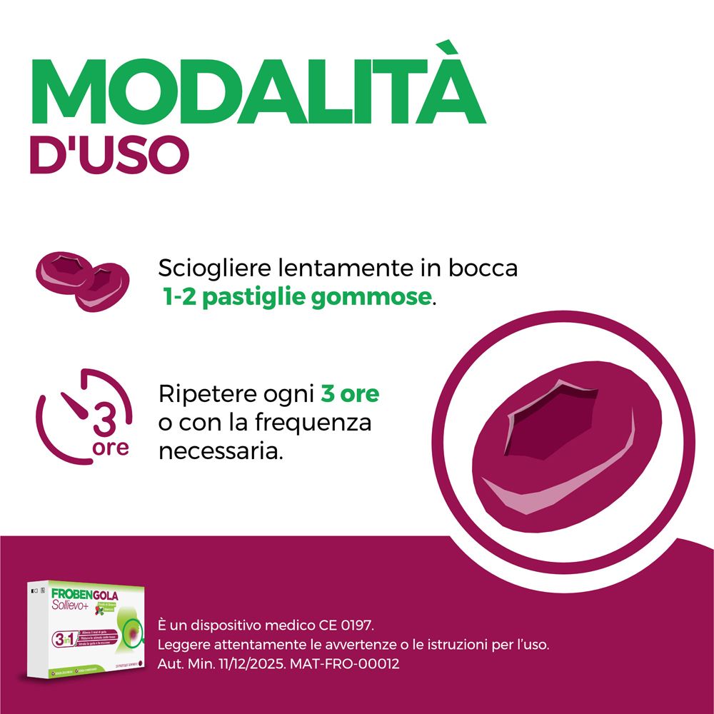 Testo: Modalità d'uso: Sciogliere lentamente in bocca. Illustrazione di pastiglie e orologio. Piccola immagine della confezione. CE 0197.