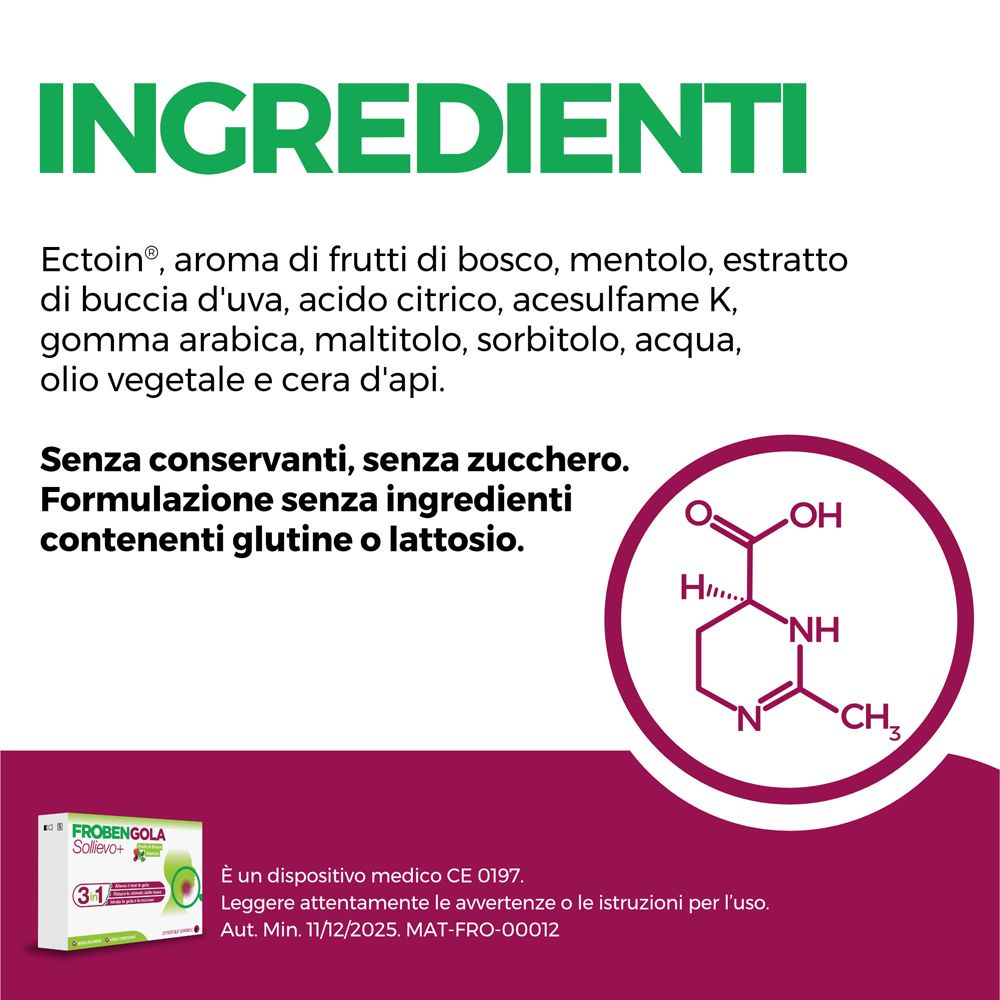 Testo: Ingredienti: Ectoina, aroma, mentolo, etc. Senza conservanti, senza zucchero. Piccola immagine della confezione. CE 0197.