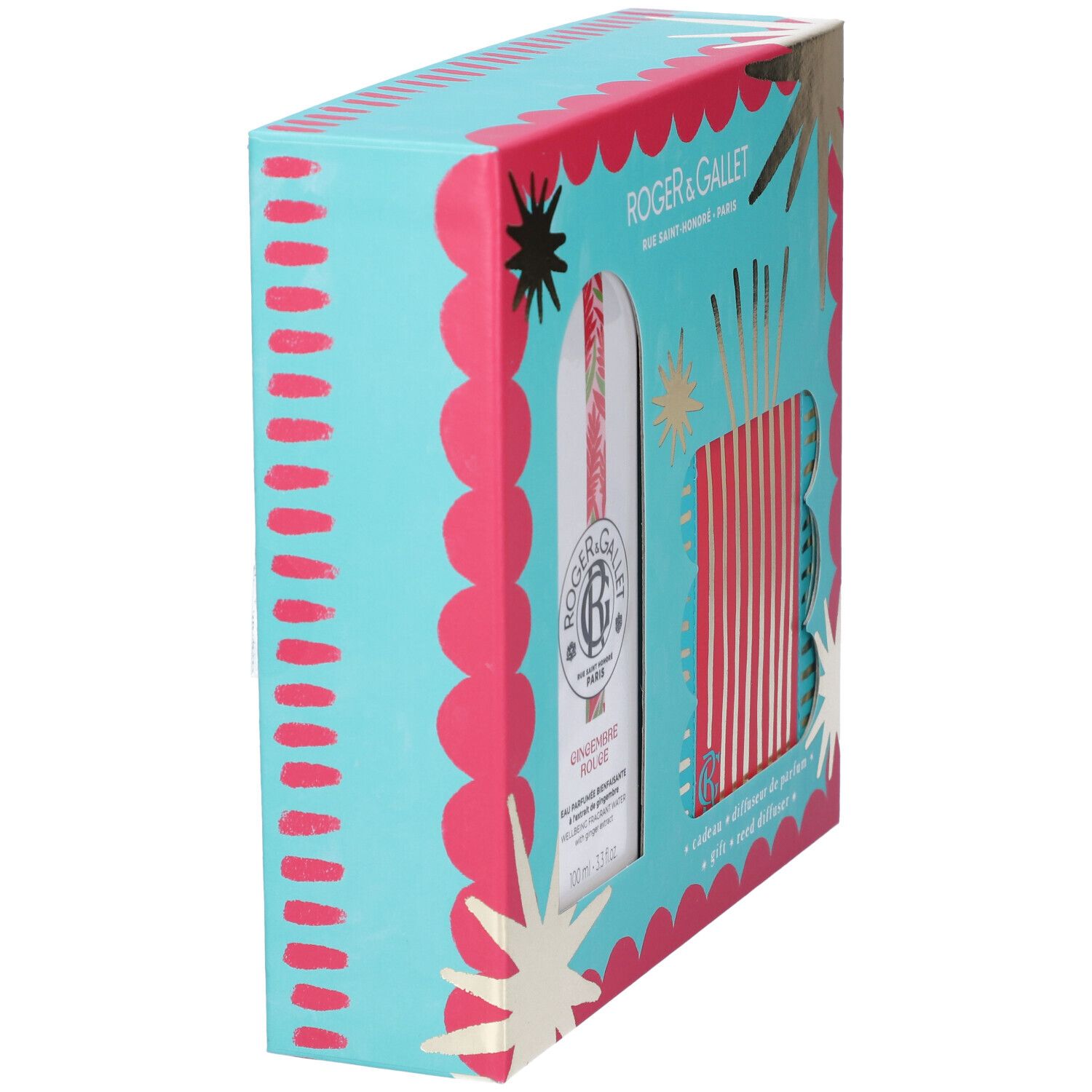 Vista angolata del cofanetto regalo. Design turchese e rosa con immagine del prodotto. Include profumo e diffusore.