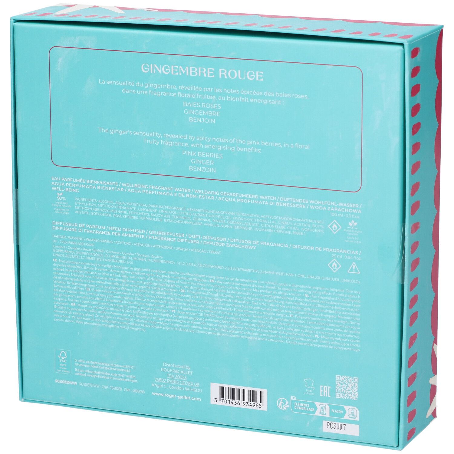 Retro del cofanetto regalo. Turchese con testo. Contiene informazioni sugli ingredienti e il marchio.