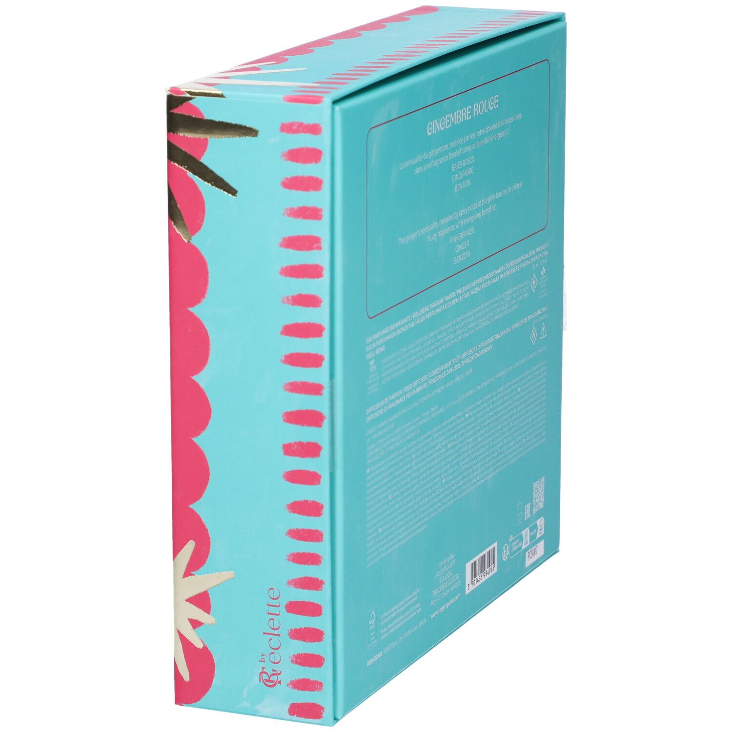 Vista laterale del cofanetto regalo. Design turchese e rosa. Contiene testo e informazioni sul prodotto.