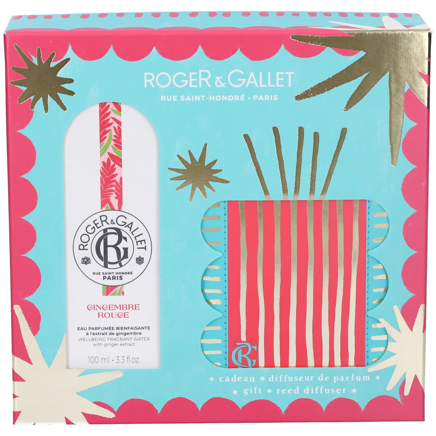 Set regalo Roger & Gallet Gingembre Rouge. Confezione turchese e rosa. Include profumo e diffusore.
