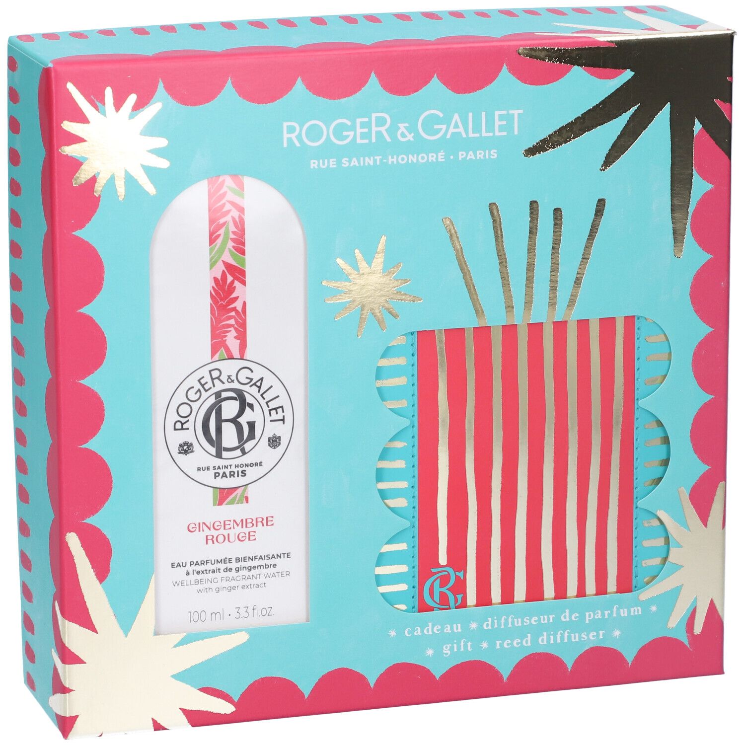 Set regalo Roger & Gallet Gingembre Rouge. Confezione turchese e rosa. Include profumo e diffusore.