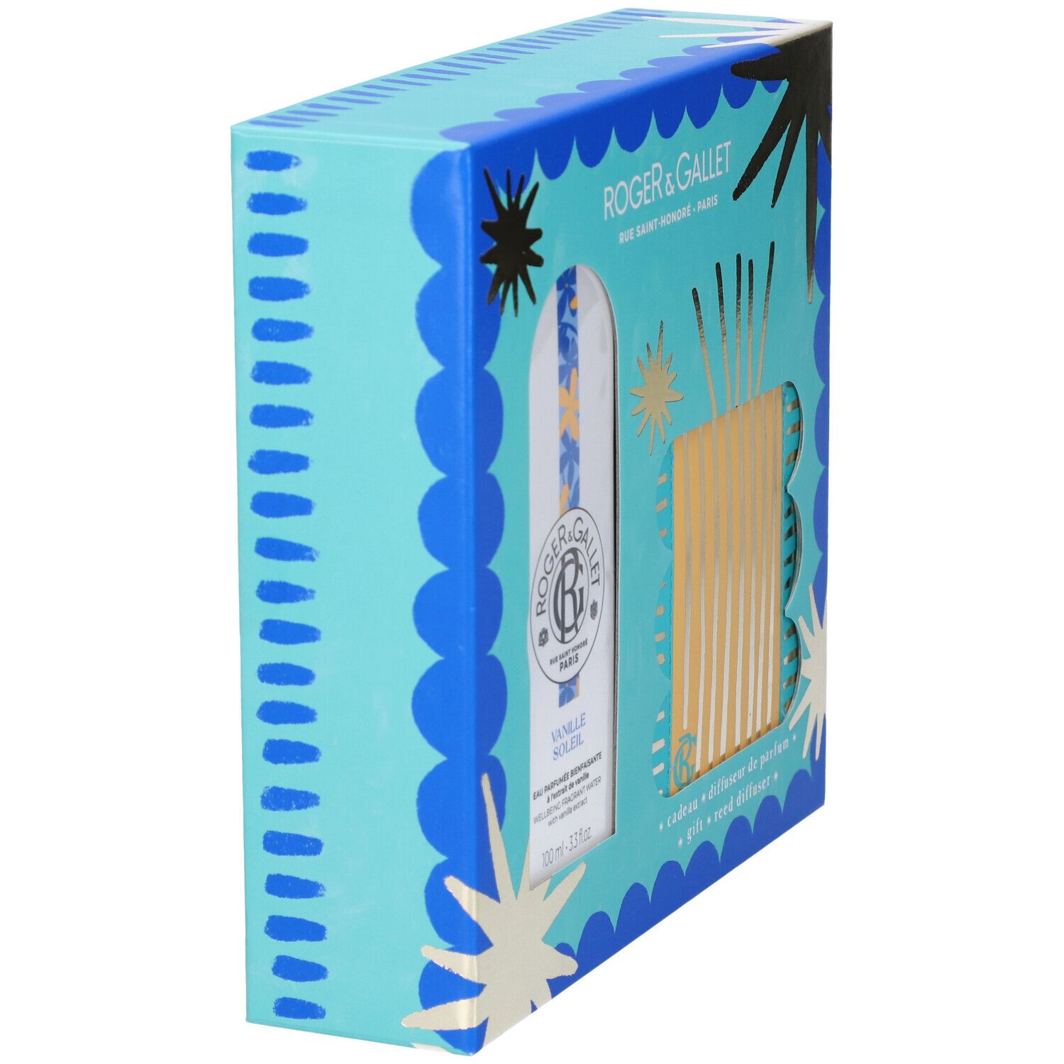 Vista laterale della confezione regalo. Confezione turchese-blu con stelle dorate. Visibile: flacone e diffusore attraverso una finestra.