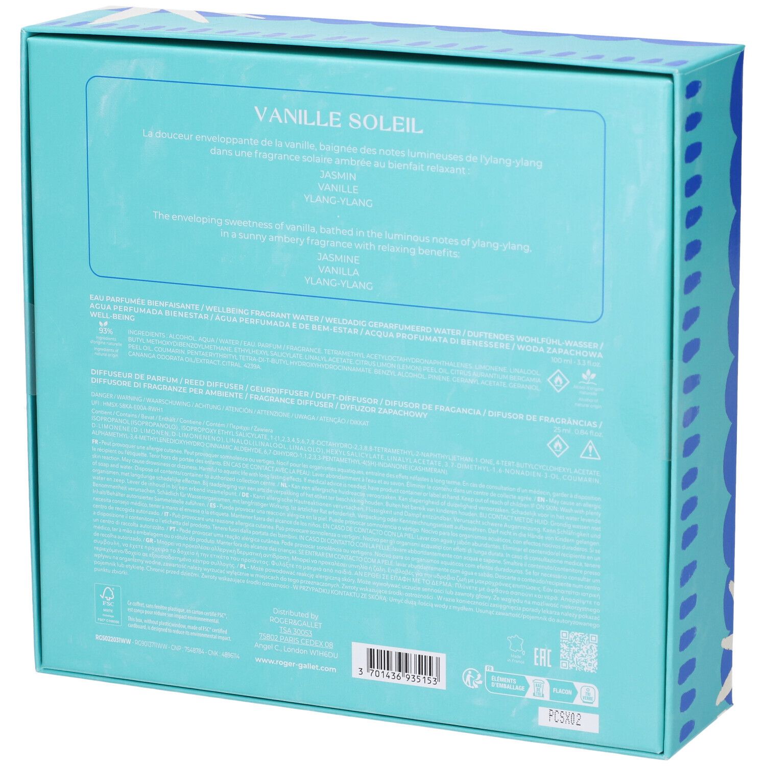 Retro della confezione regalo. Confezione turchese-blu con testo. Contiene informazioni sul prodotto e codice a barre.