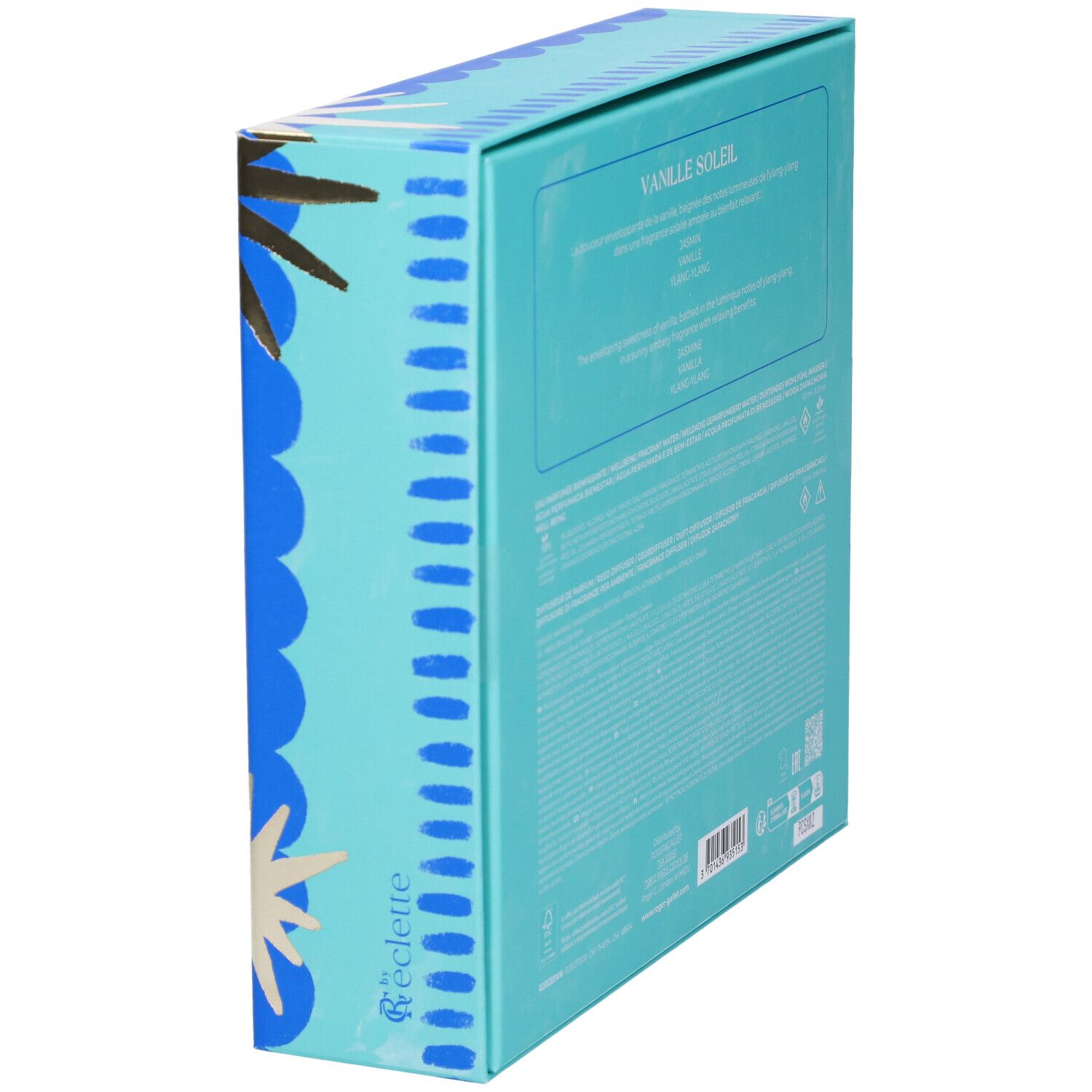 Vista laterale della confezione regalo. Confezione turchese-blu con testo. Contiene informazioni sul prodotto.