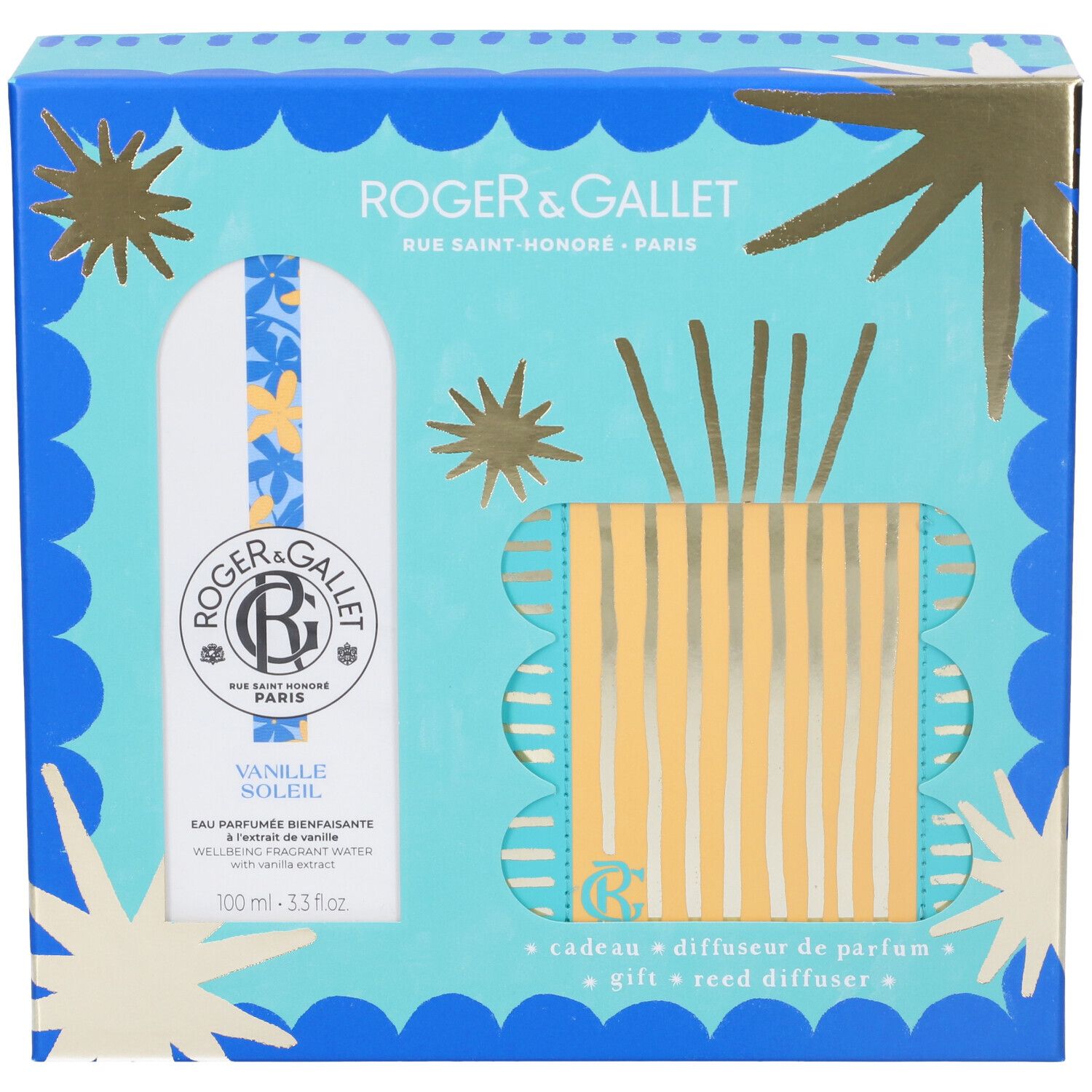 Set regalo con diffusore di profumo e Eau Parfumée. Confezione turchese-blu con dettagli dorati. Visibile: flacone e diffusore.