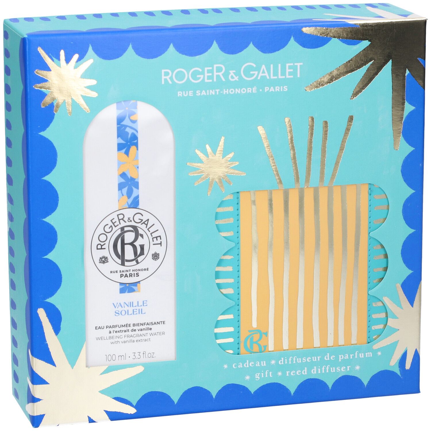 Set regalo con diffusore di profumo e Eau Parfumée. Confezione turchese-blu con dettagli dorati. Visibile: flacone e diffusore.