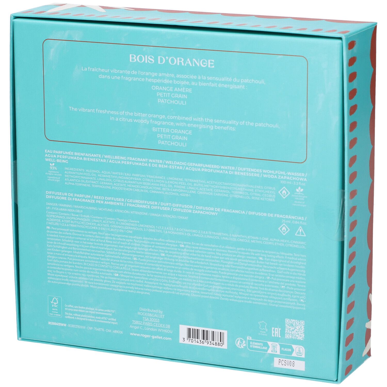 Retro della confezione regalo. Turchese con testo. Contiene nomi dei prodotti, ingredienti e informazioni.