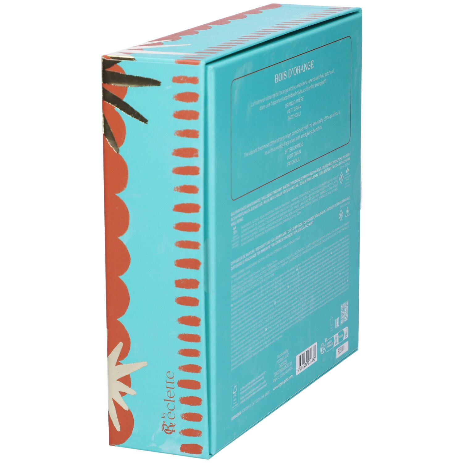 Vista laterale della confezione regalo. Turchese con testo. Contiene nomi dei prodotti e informazioni.