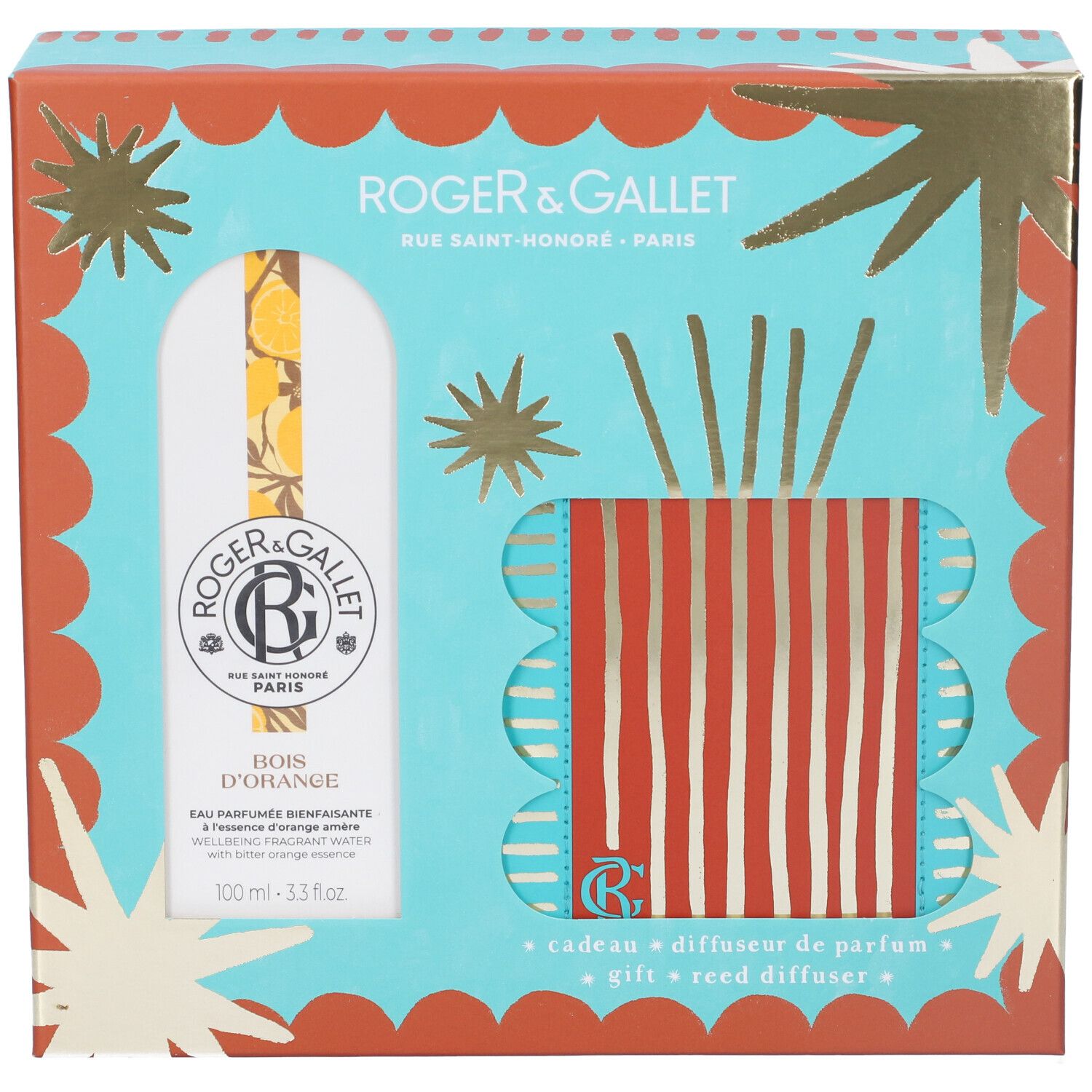 Set regalo con Aqua Profumata e diffusore. Confezione turchese e arancione con dettagli dorati. Contiene flacone e diffusore.
