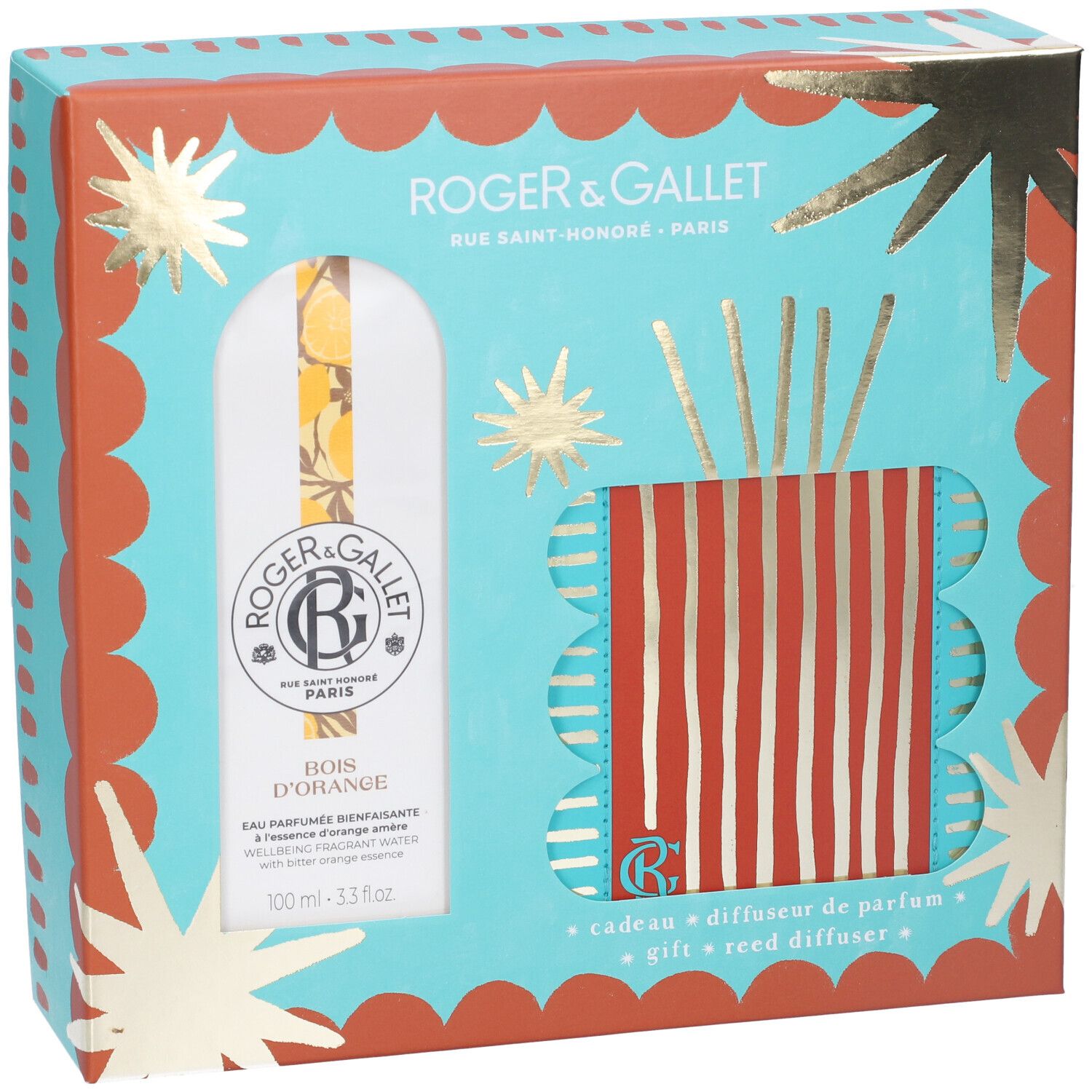 Set regalo con Aqua Profumata e diffusore. Confezione turchese e arancione con dettagli dorati. Contiene flacone e diffusore.