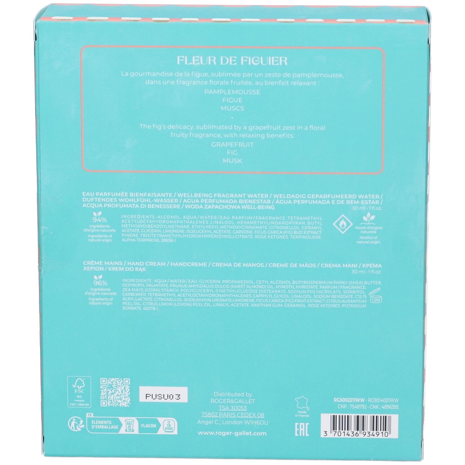 Retro della confezione regalo. Sfondo turchese con testo. Contiene ingredienti e informazioni.