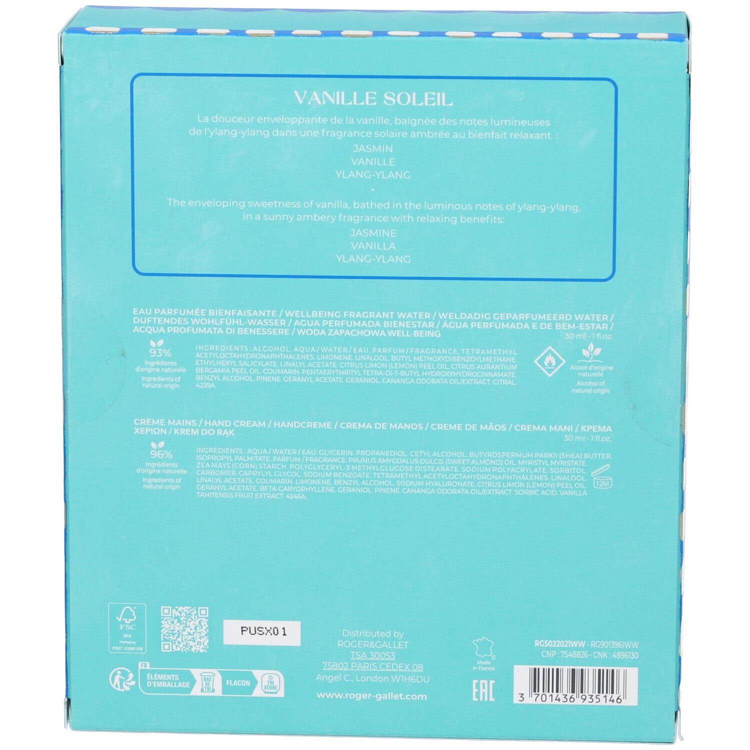 Retro del cofanetto regalo. Testo multilingue, ingredienti e informazioni sul marchio Roger & Gallet.