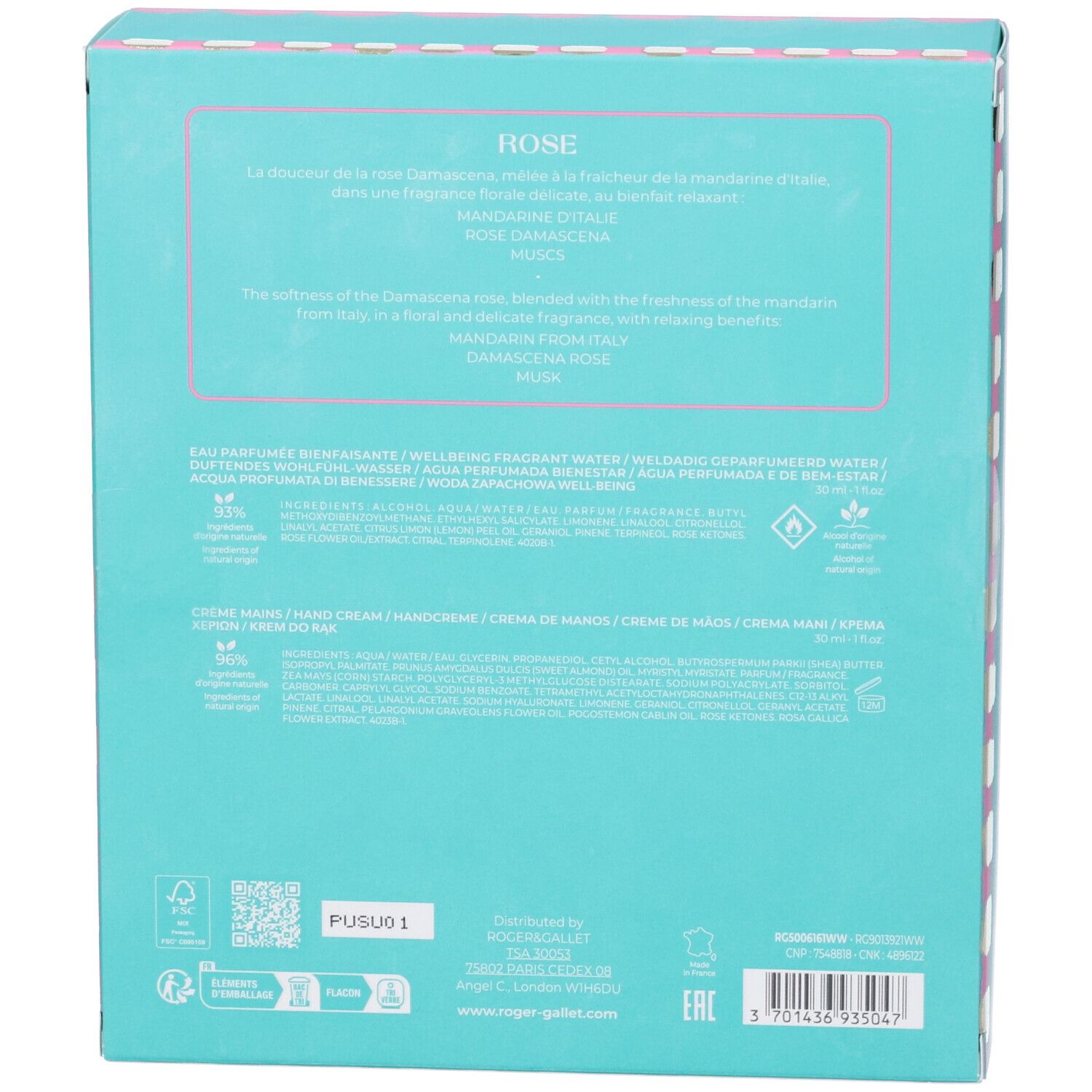 Retro della confezione regalo. Turchese con cornice rosa. Testo multilingue. Ingredienti e loghi.