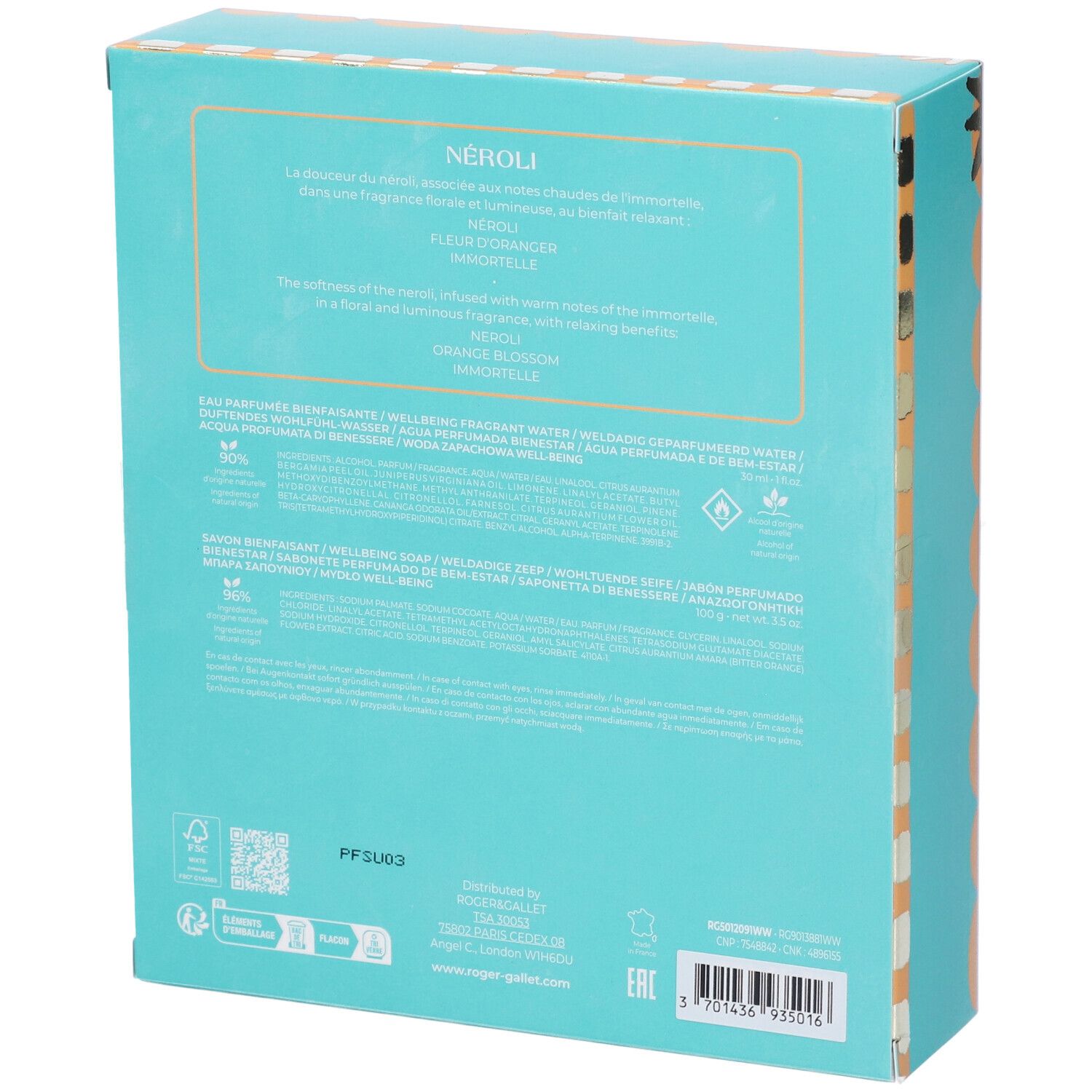 Retro della confezione regalo turchese. Testo con informazioni sul prodotto e loghi. Contiene informazioni sugli ingredienti e le certificazioni.