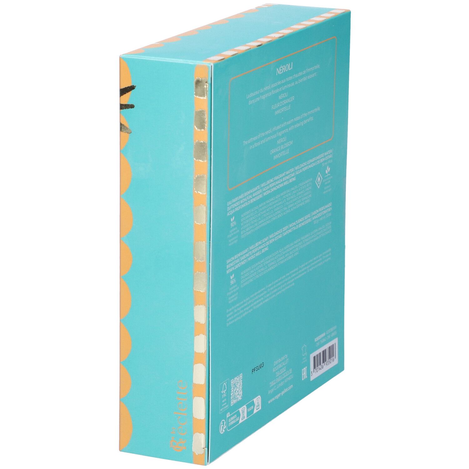 Vista laterale della confezione regalo turchese. Testo con informazioni sul prodotto. Contiene loghi e nomi di prodotti.