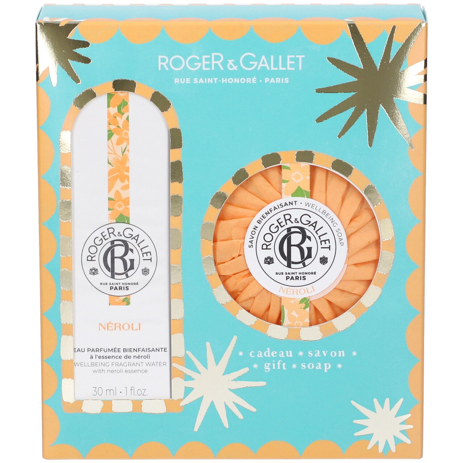 Set regalo con acqua profumata e sapone. Confezione turchese-arancione con stelle e nomi dei prodotti. Contiene una bottiglia e un sapone rotondo.