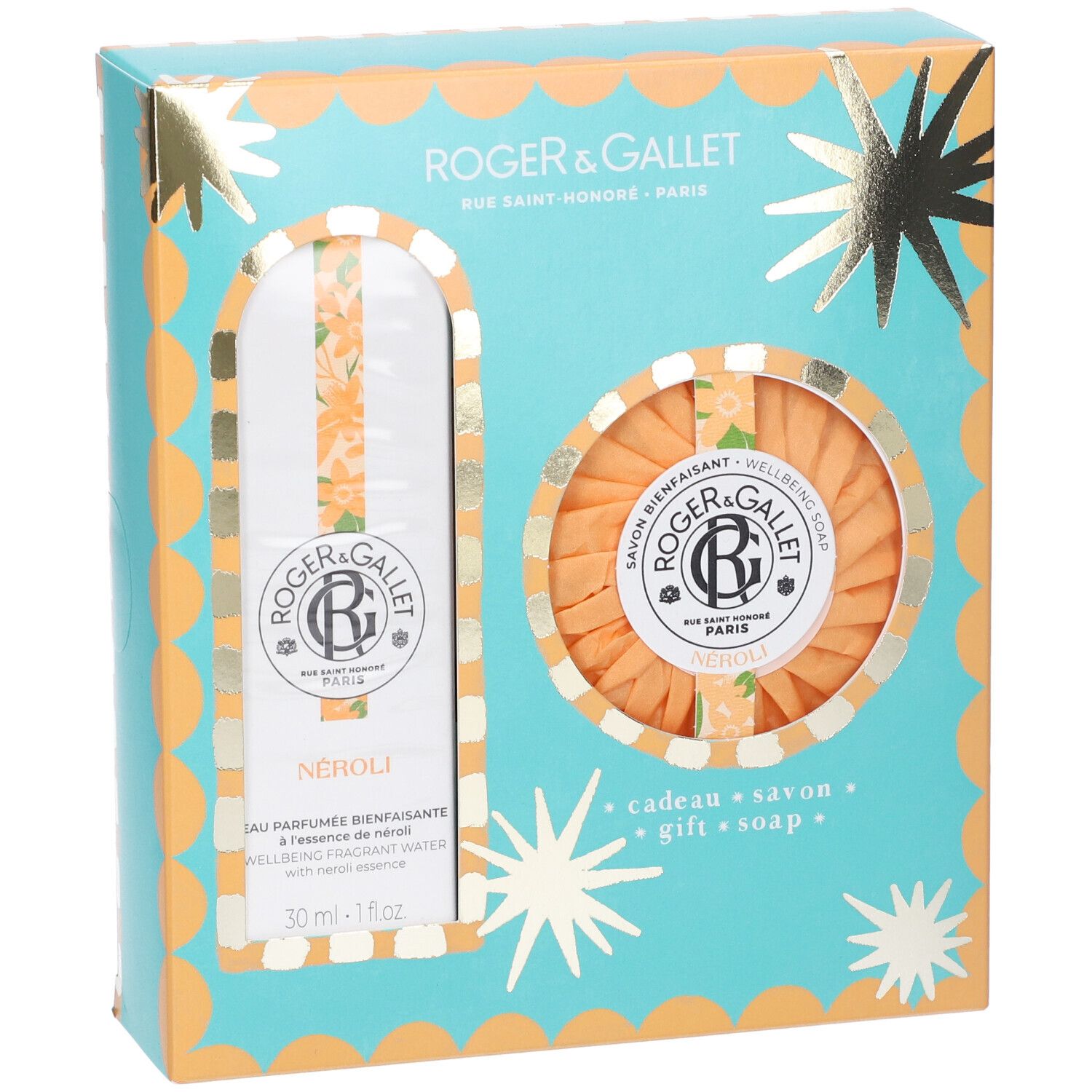 Set regalo con acqua profumata e sapone. Confezione turchese-arancione con stelle e nomi dei prodotti. Contiene una bottiglia e un sapone rotondo.