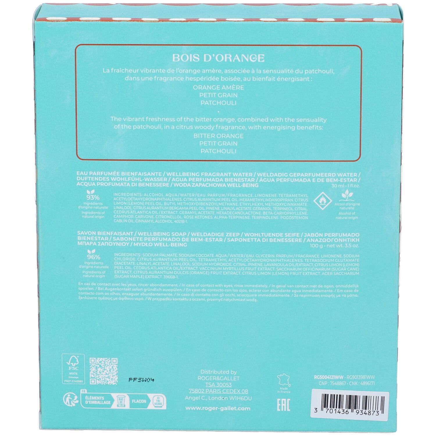 Retro della confezione regalo. Testo multilingue. Ingredienti e informazioni sul prodotto. Sfondo azzurro.