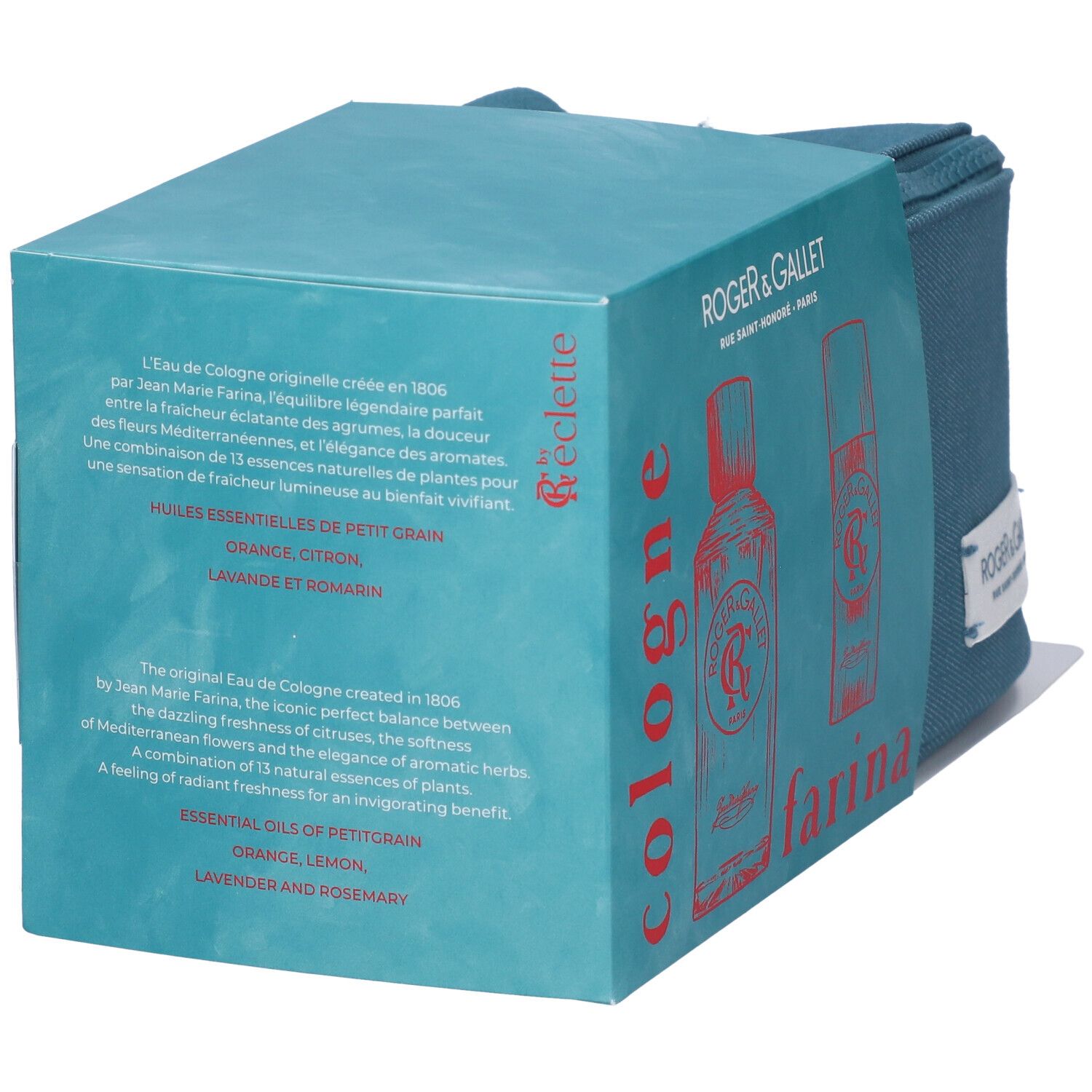 Scatola regalo turchese con informazioni sul prodotto. Contiene illustrazioni di bottiglie e testo. Marchio: Roger & Gallet.