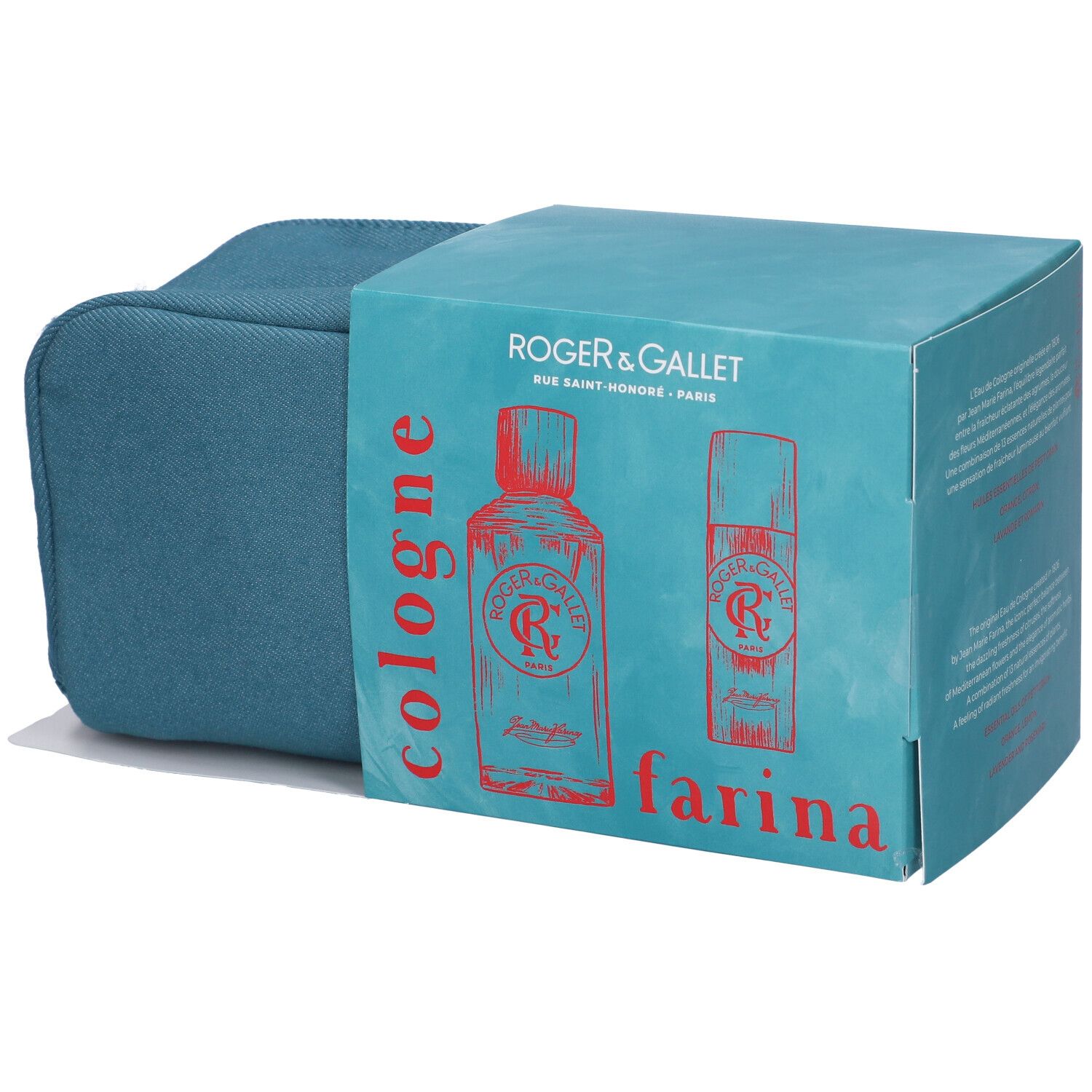 Trousse turchese e confezione regalo. La scatola mostra un'illustrazione di bottiglie e la scritta "cologne farina". Marchio: Roger & Gallet.