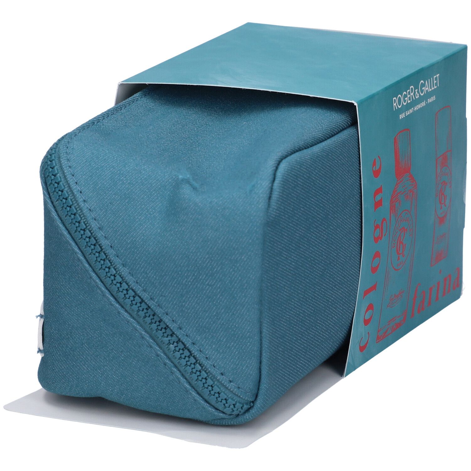 Trousse turchese con cerniera e confezione regalo. La scatola mostra un'illustrazione di bottiglie e la scritta "cologne farina".