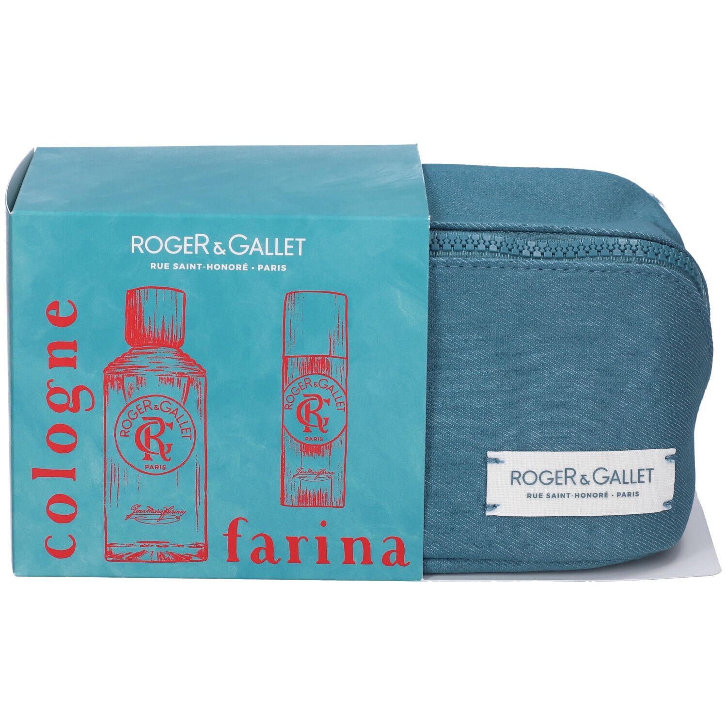 Set regalo con trousse turchese e confezione. La confezione mostra un'illustrazione di bottiglie e la scritta "cologne farina". Marchio: Roger & Gallet.