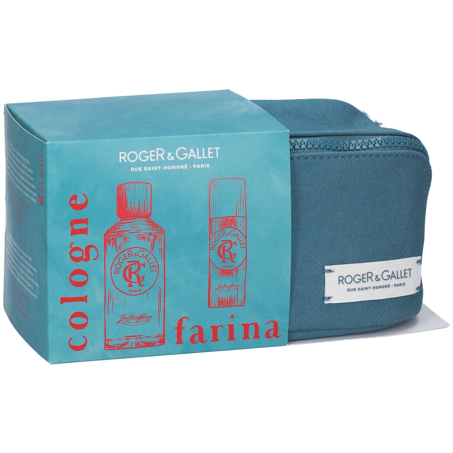 Set regalo con trousse turchese e confezione. La confezione mostra un'illustrazione di bottiglie e la scritta "cologne farina".