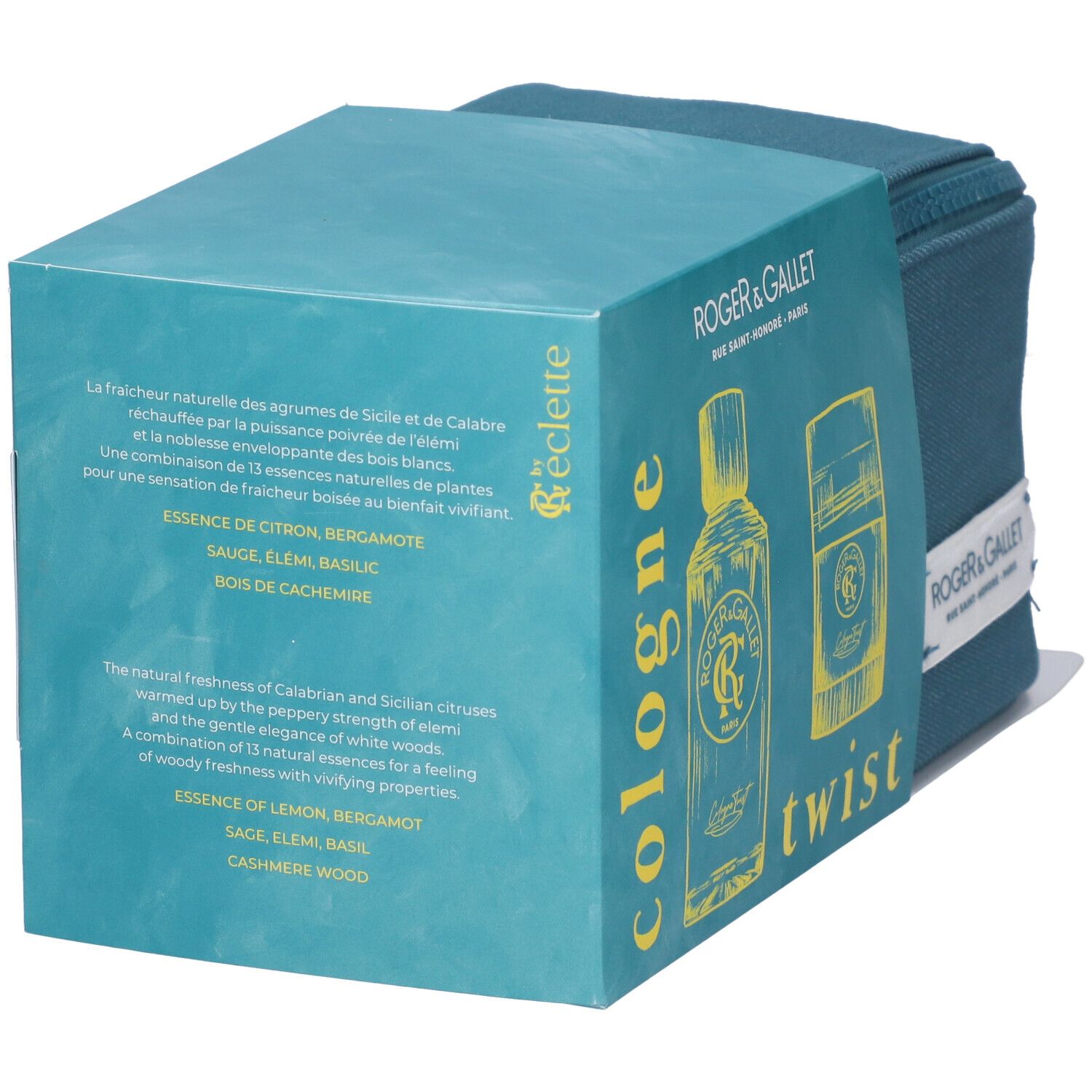 Set regalo con trousse turchese e scatola. Sulla scatola: logo e testo ROGER & GALLET, illustrazione di flacone e deodorante, testo.