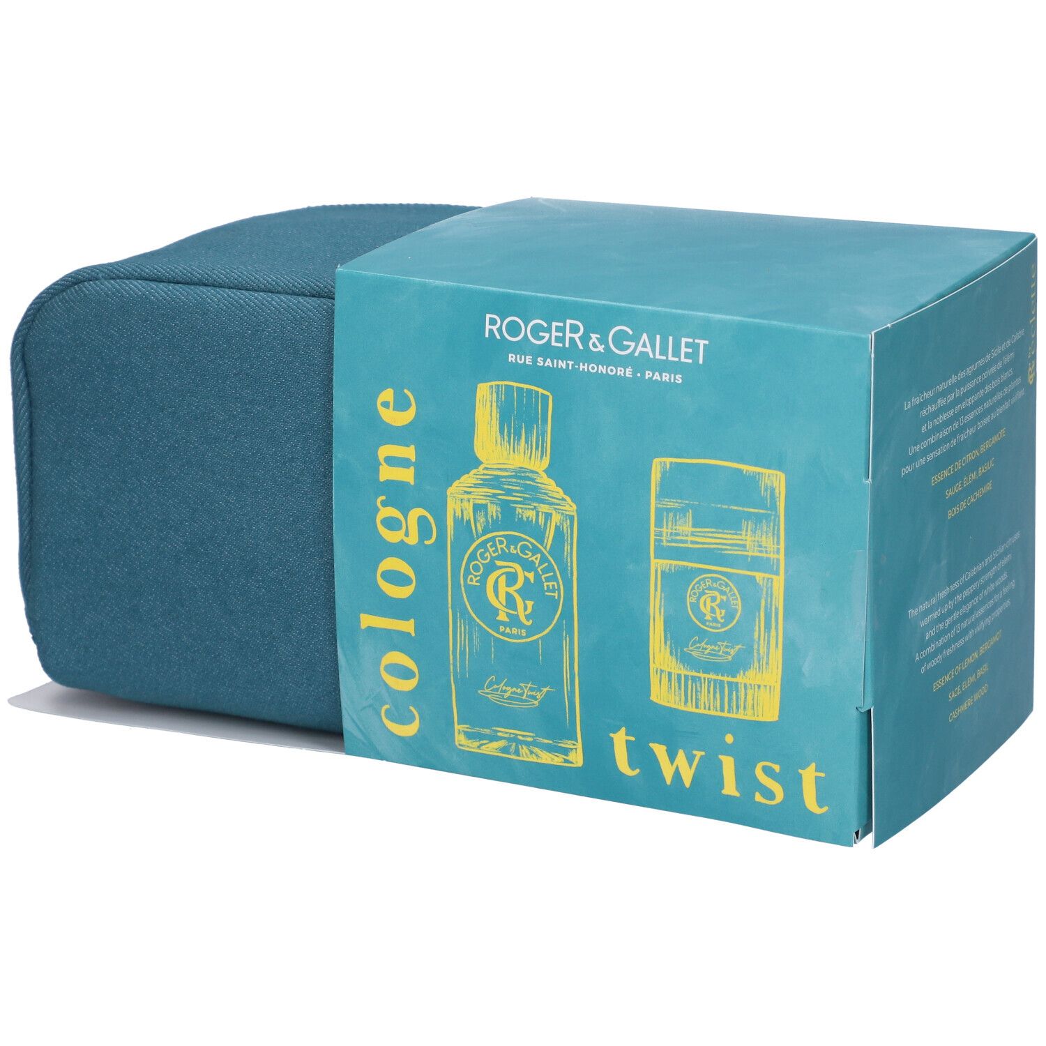 Set regalo con trousse turchese e scatola. Sulla scatola: logo e testo ROGER & GALLET, illustrazione di flacone e deodorante, testo cologne e twist.