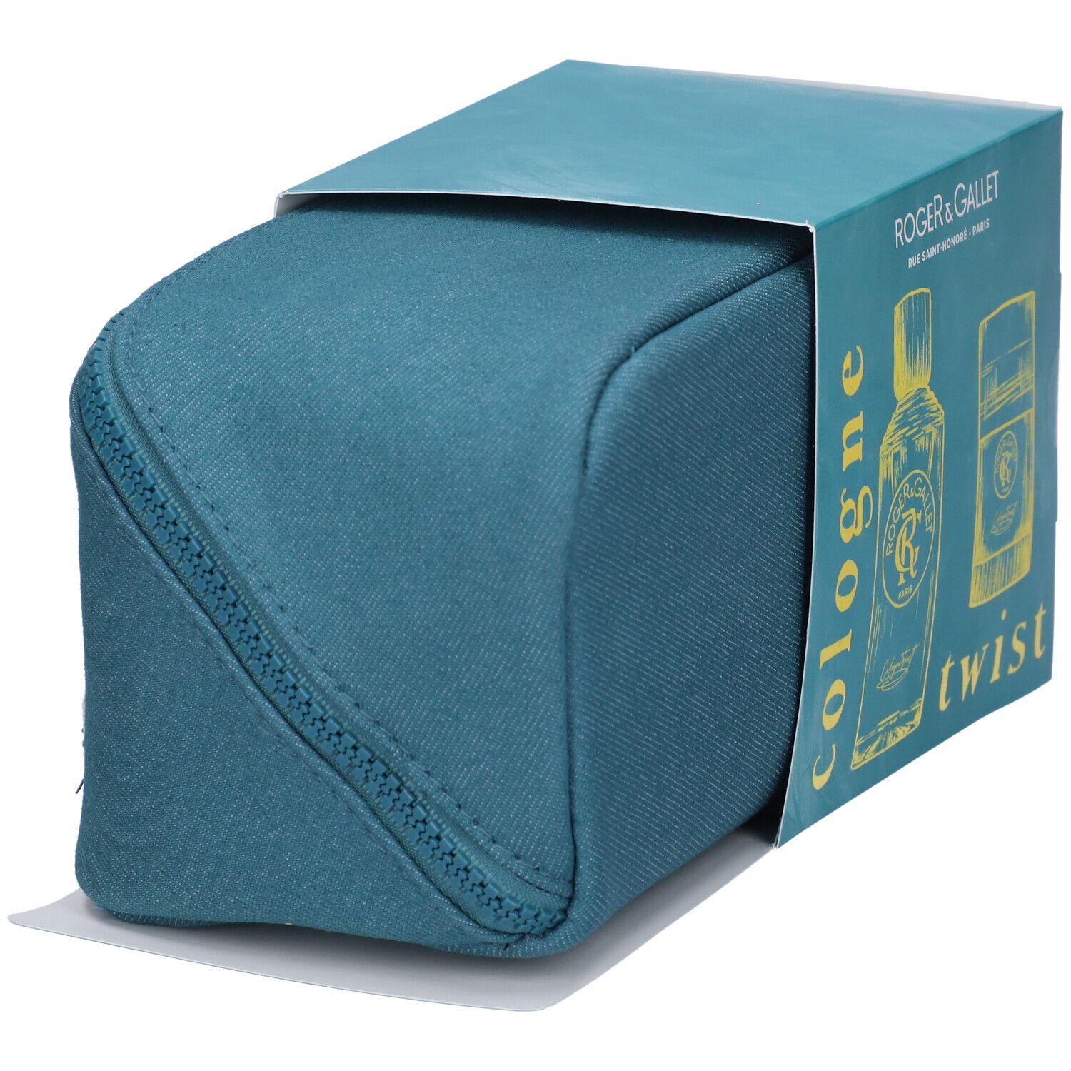 Set regalo con trousse turchese e scatola. Sulla scatola: logo e testo ROGER & GALLET, illustrazione di flacone e deodorante, testo cologne e twist.