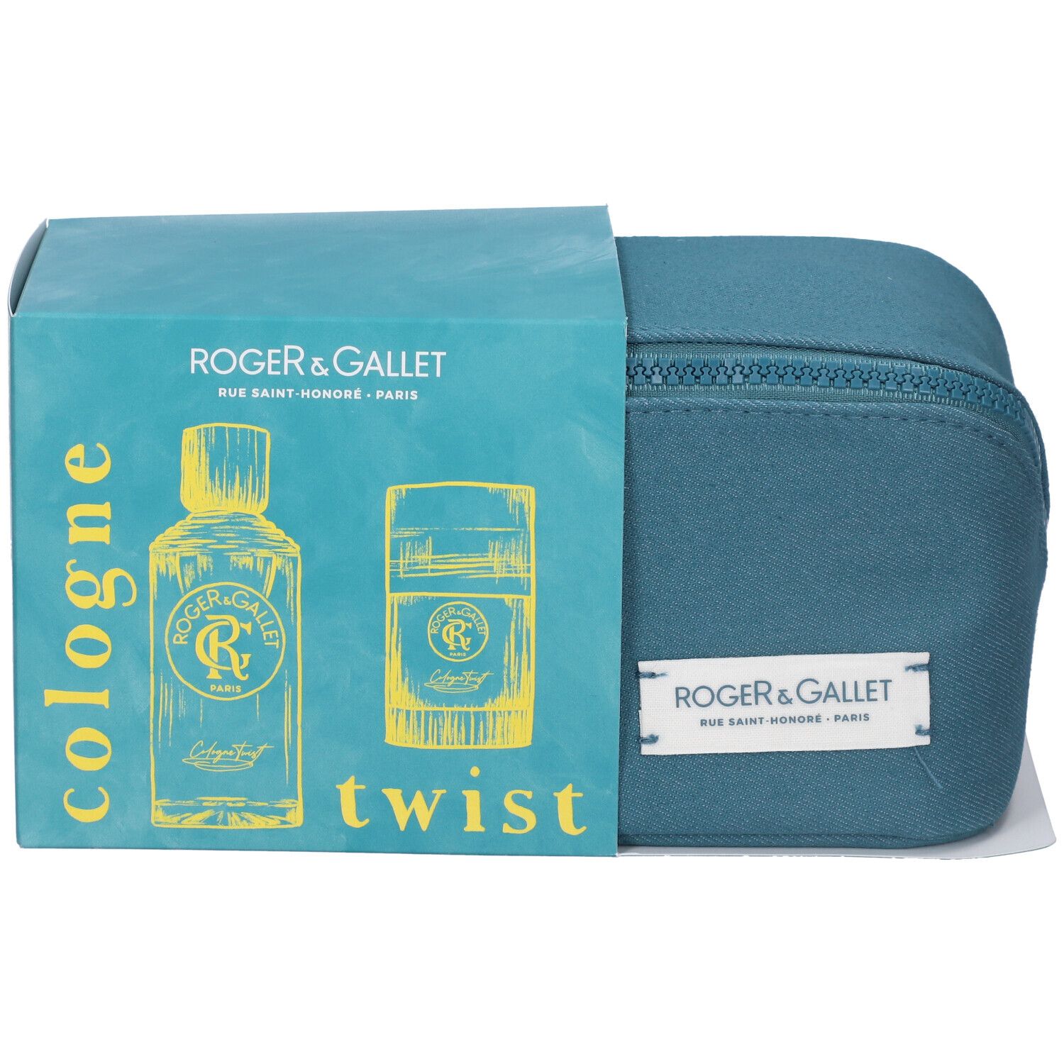Set regalo con trousse turchese e scatola. Sulla scatola: logo e testo ROGER & GALLET, illustrazione di flacone e deodorante, testo cologne e twist.